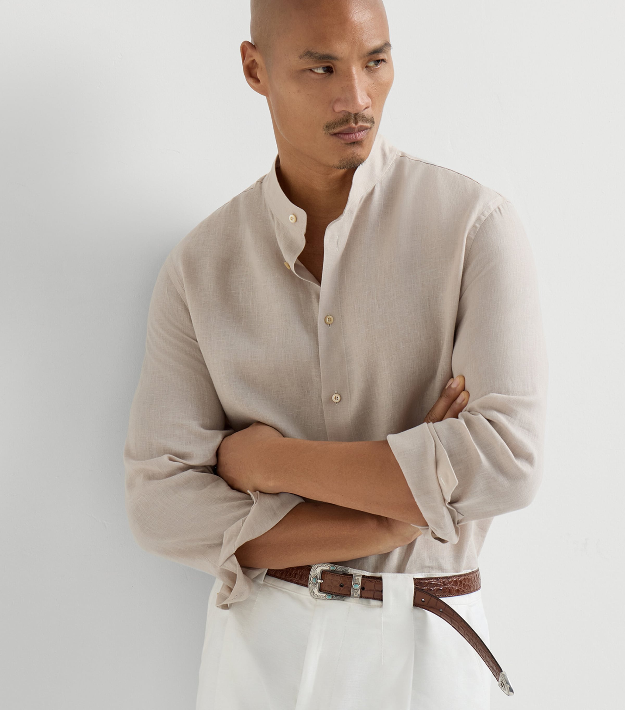 Brunello Cucinelli Mens Linen Mandarin Collar Shirt Image 4