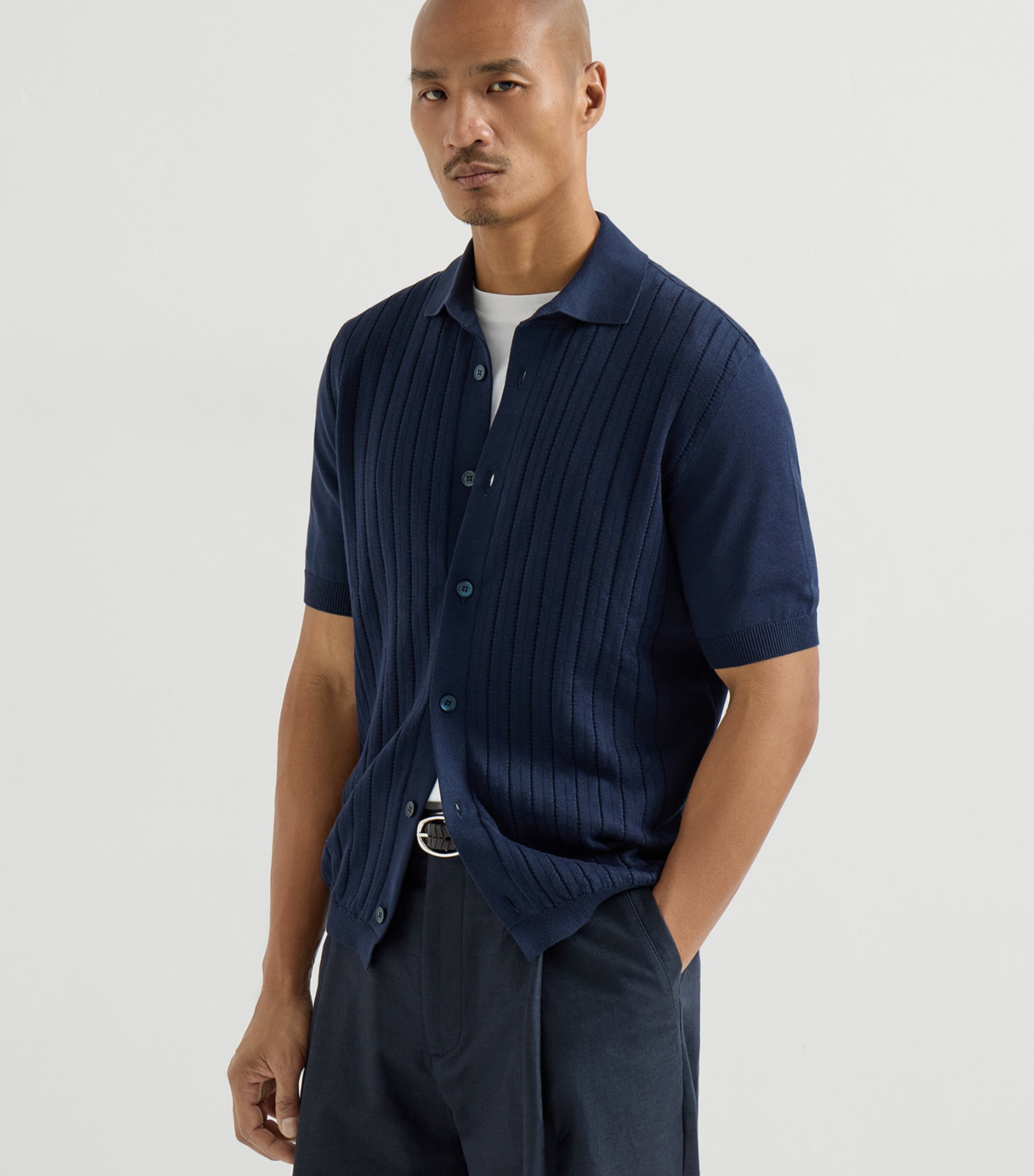 BRUNELLO CUCINELLI 半袖カーディガン Brunello Cucinelli Blue Cotton Ribbed Short-Sleeve Cardigan