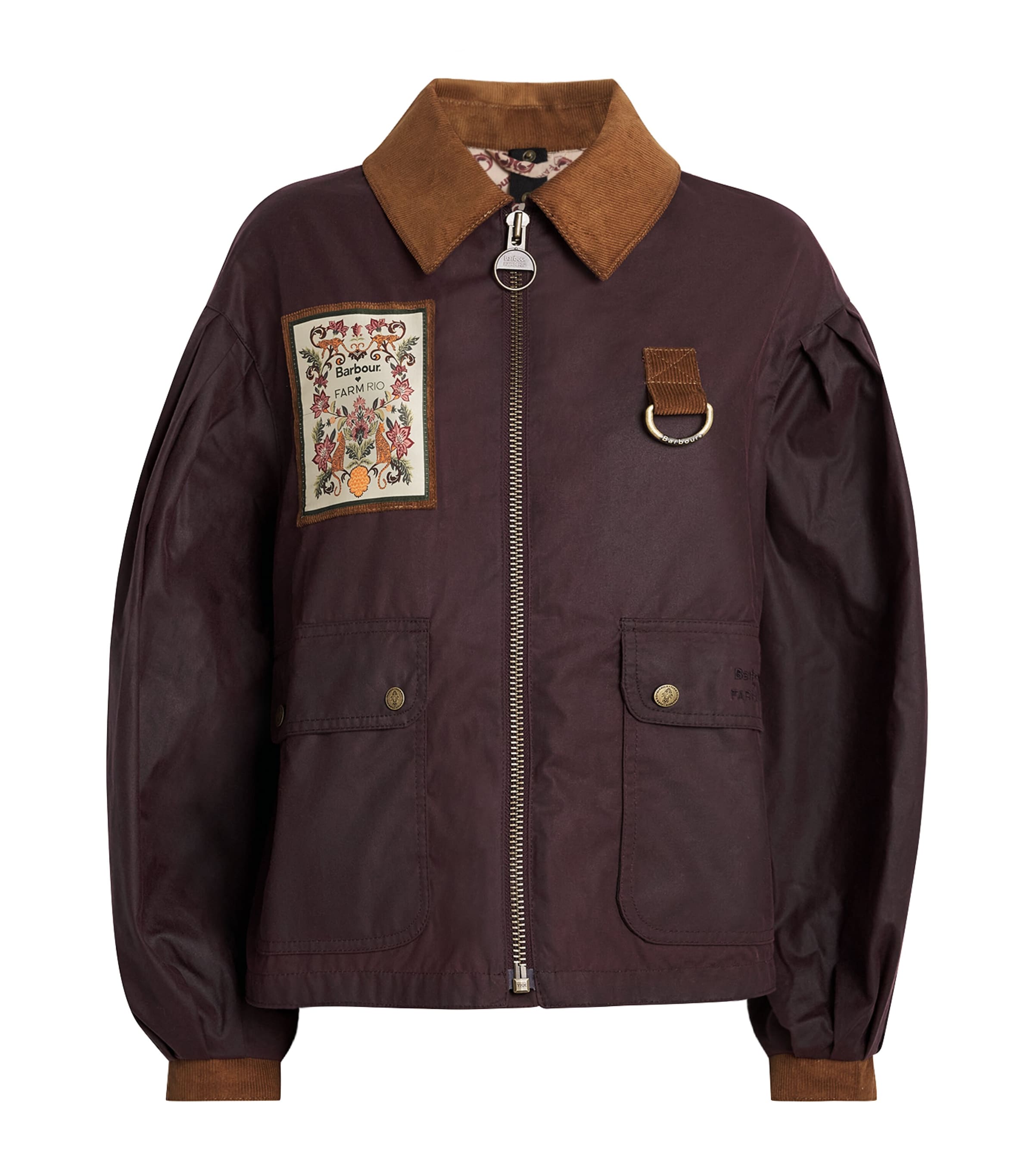 Barbour X Farm Rio Thais Waxed Cotton Jacket In Brown