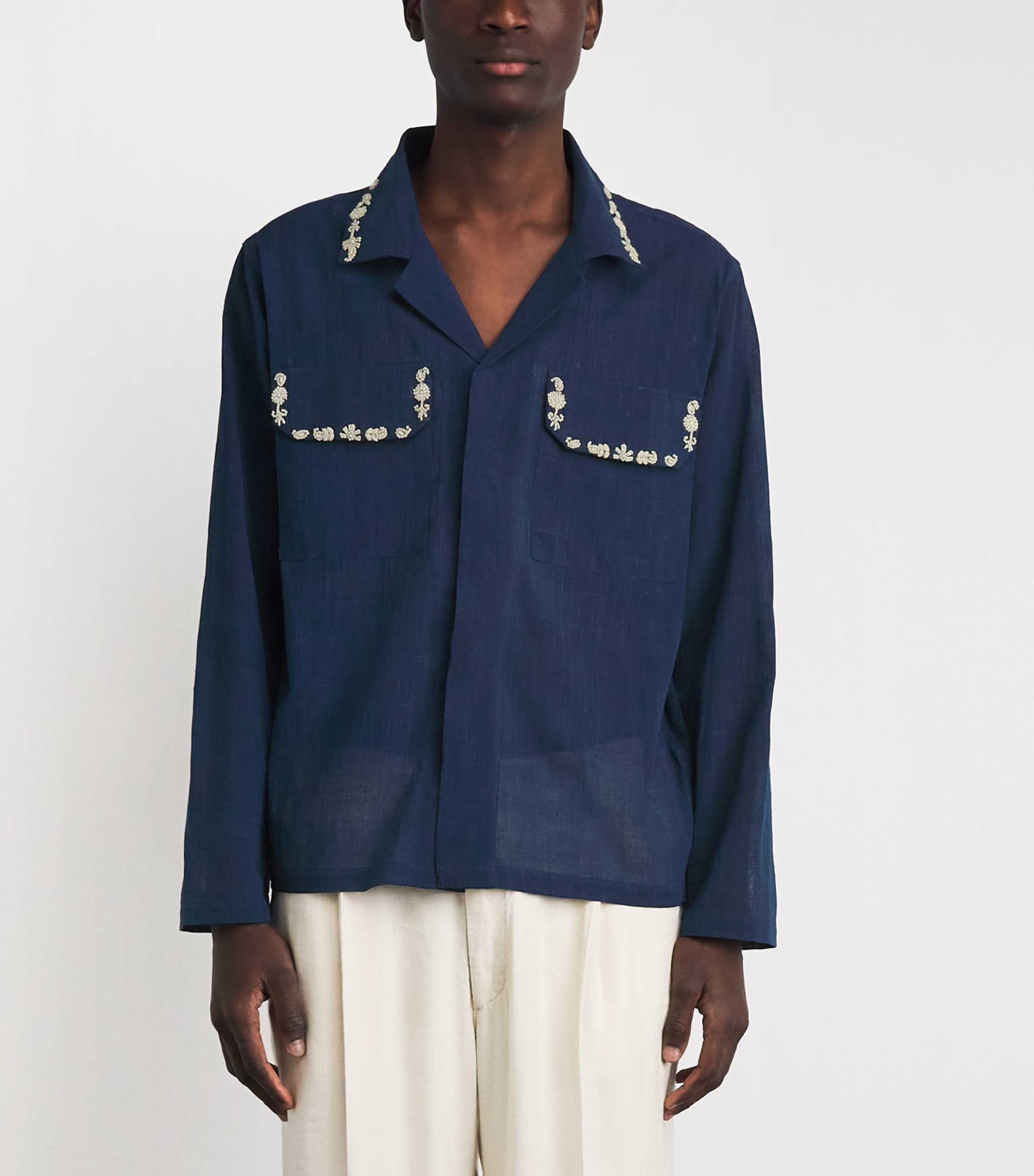 Kartik Research Mens Cotton Embroidered Surya Shirt Blue/ White Image 4