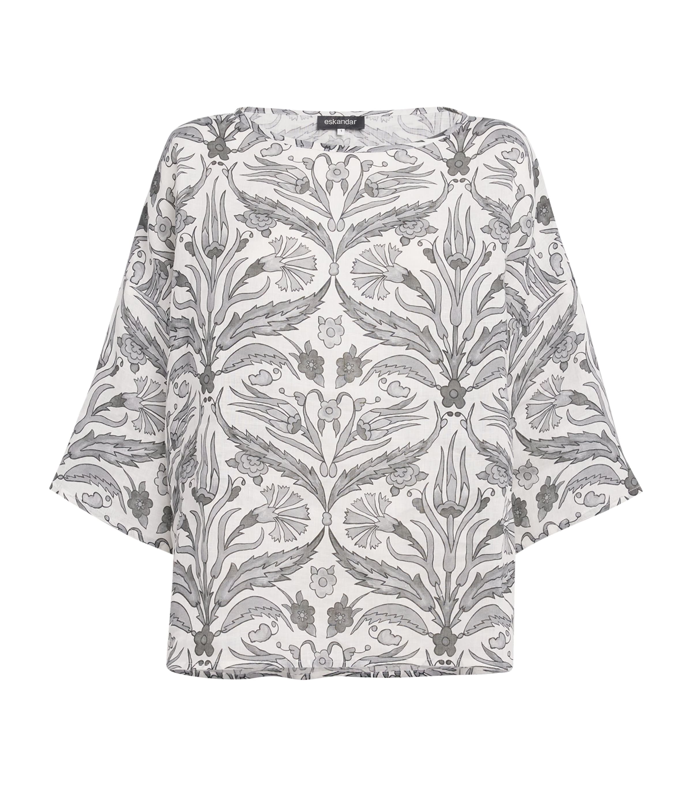 Eskandar Linen Floral Boat-neck Blouse