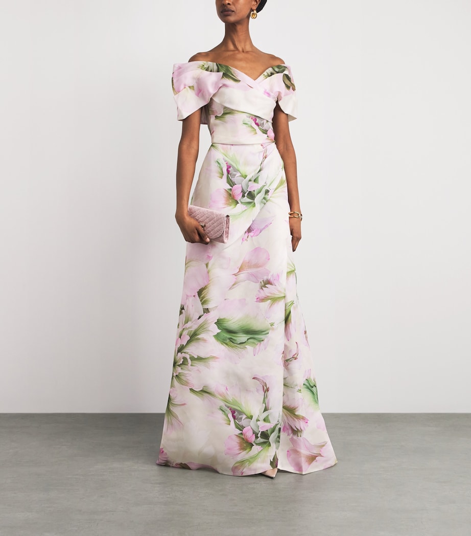 Monique Lhuillier Womens Asymmetric Off-The-Shoulder Gown Carnation Multi Image 2