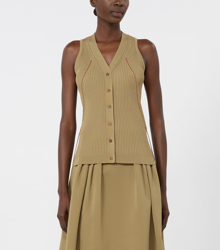 Max Mara Womens Knitted Contrast-Trim Waistcoat Kaki Image 3