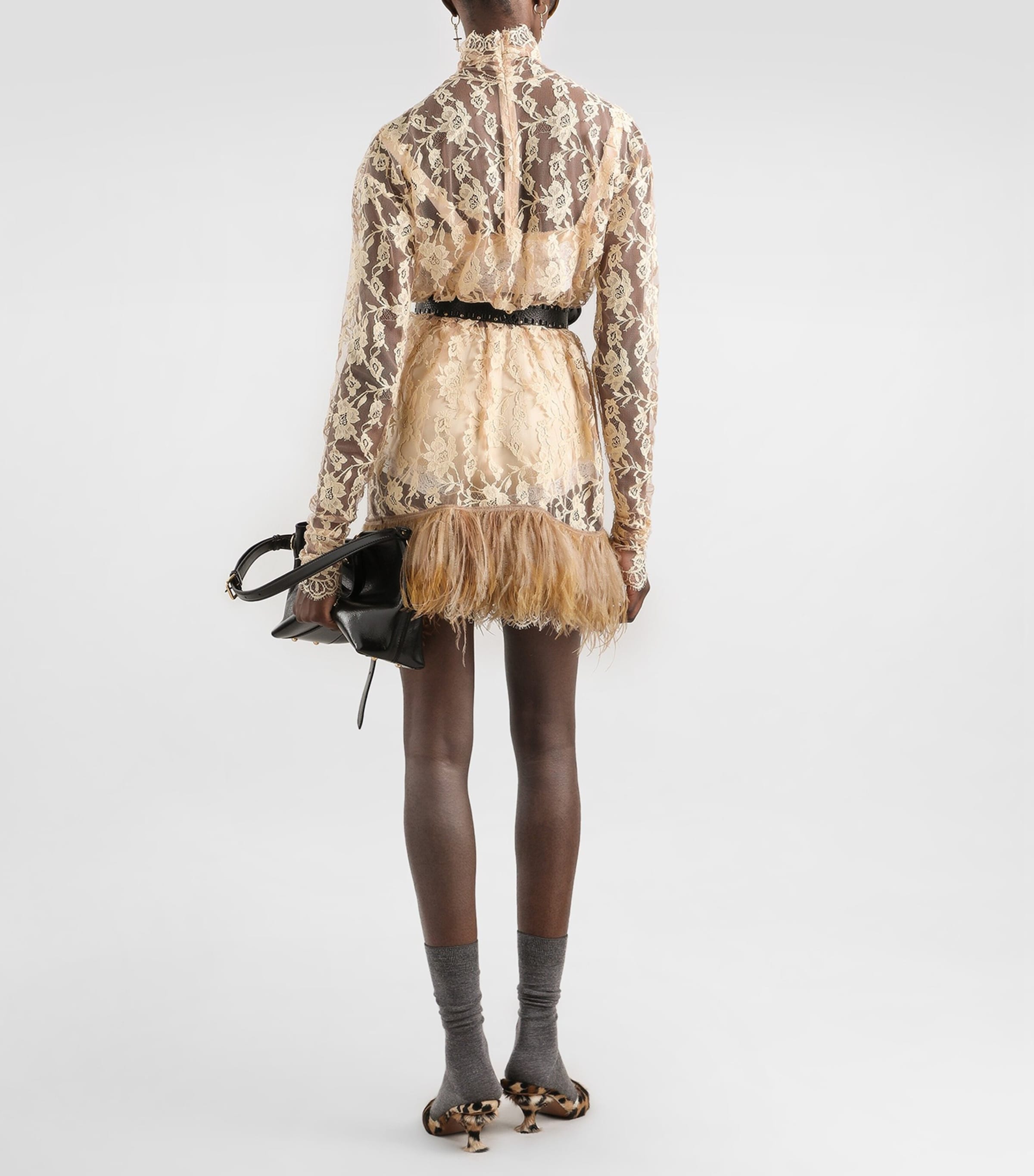 Dolce&Gabbana Womens Lace Feather-Trim Mini Dress Ecru Image 3