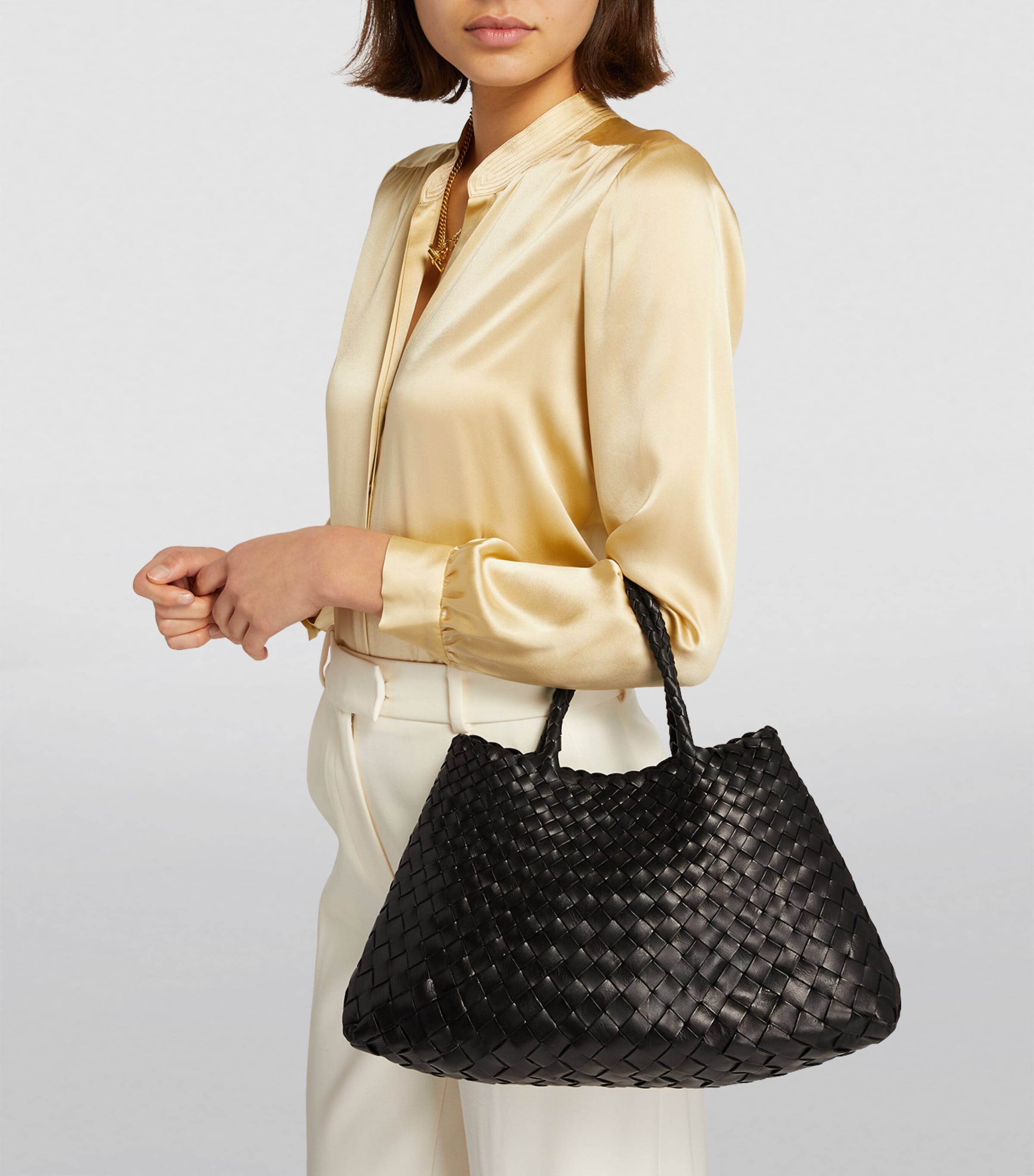 DRAGON DIFFUSION Black Large Leather Woven Santa Croce Tote Bag