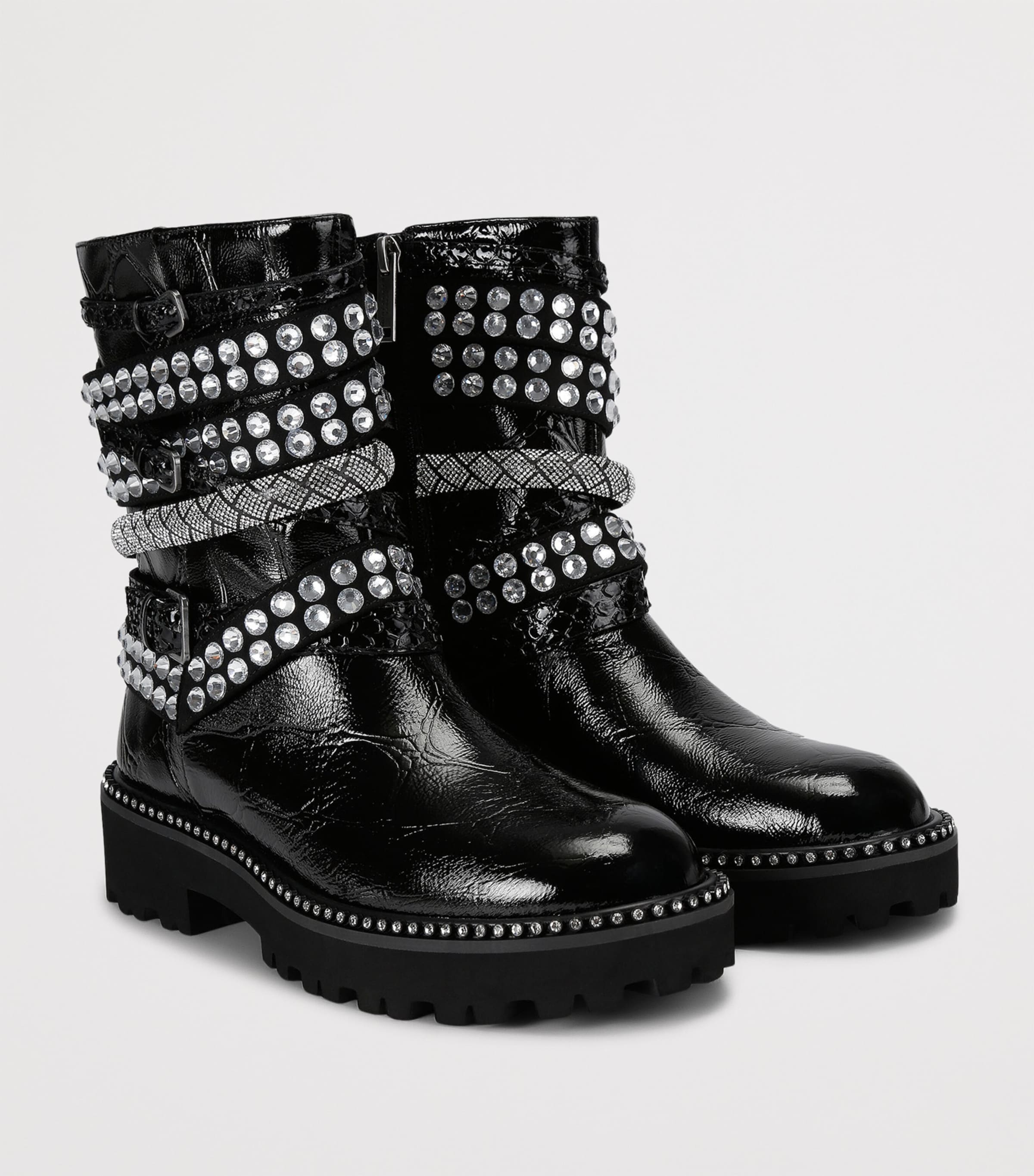 Leather Crystal-Strap Ankle Boots BLK/OTHER Image 3