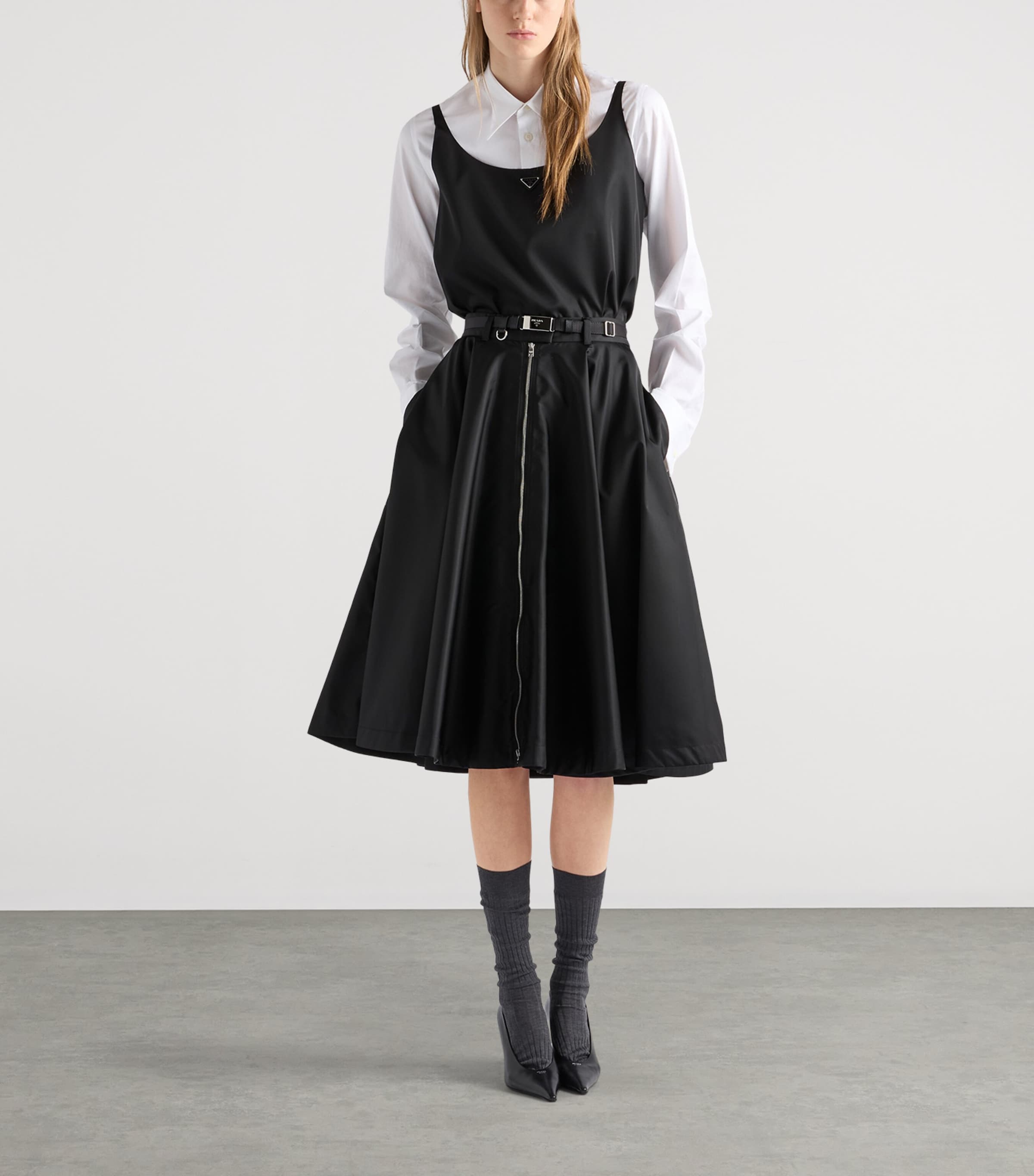 Prada Womens Re-Nylon Belted Zip-Front Midi Skirt Black Image 2
