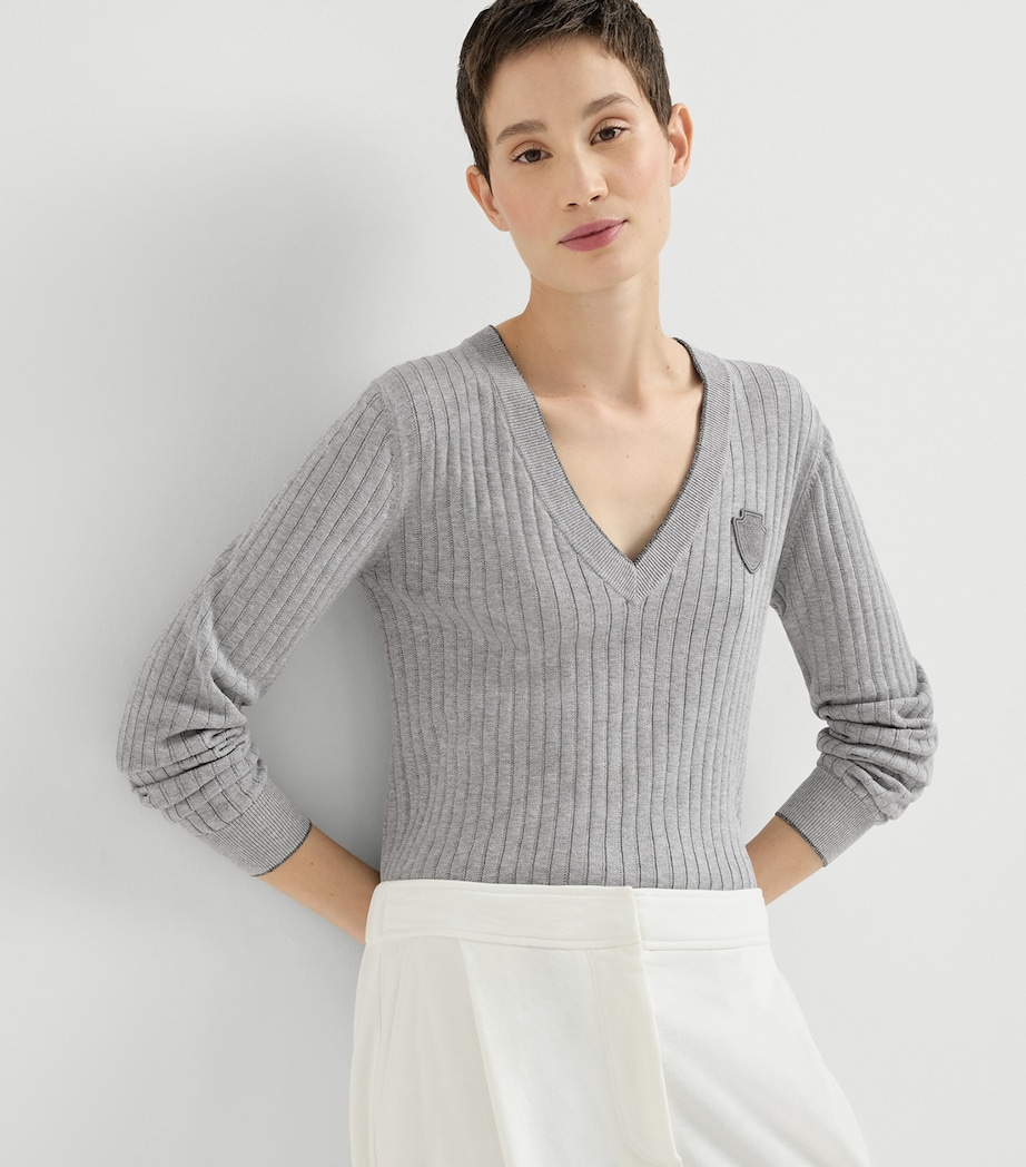 Brunello Cucinelli Womens Cotton Ribbed V-Neck Sweater Image 2