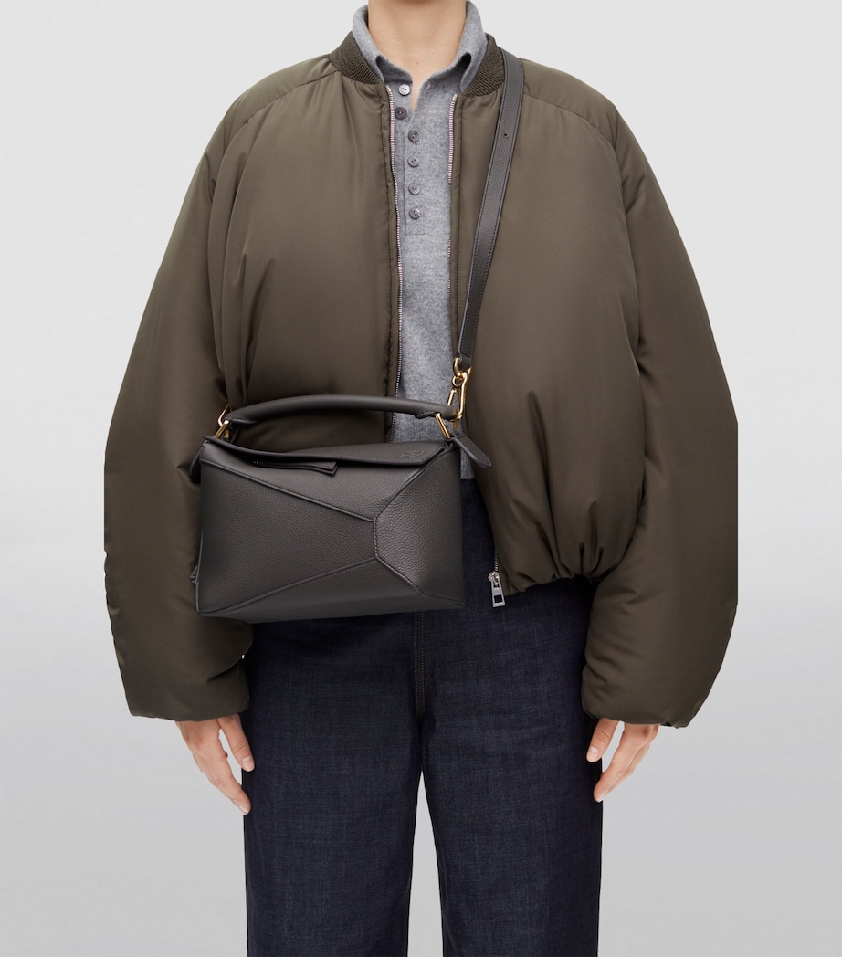 Small Leather Puzzle Edge Top-Handle Bag DARK GREY Image 8