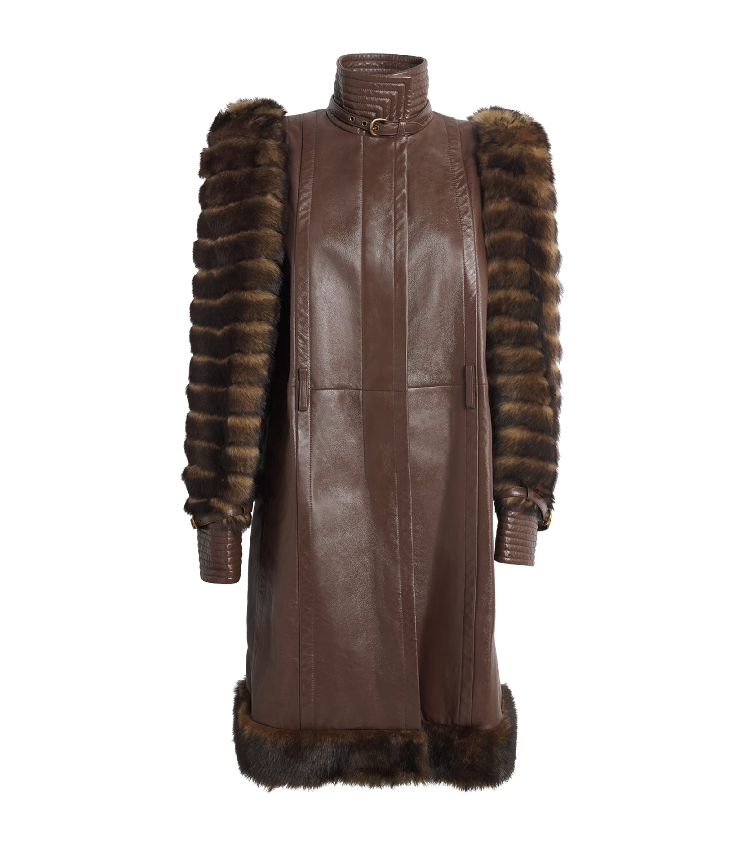 Chloé Leather Fur-trim Coat In Brown