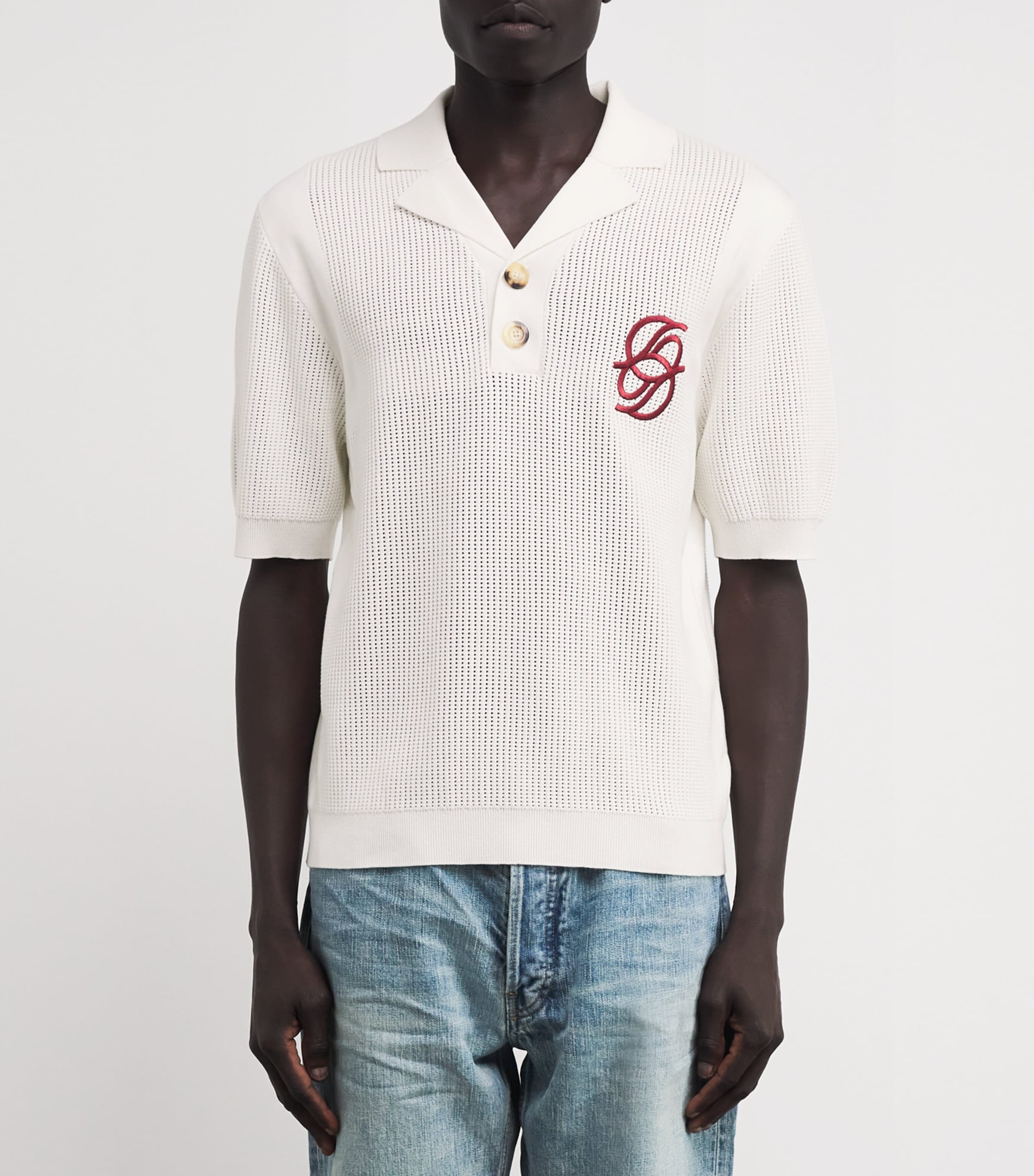 Drôle De Monsieur Mens Cotton Crochet Polo Shirt Cream Image 3
