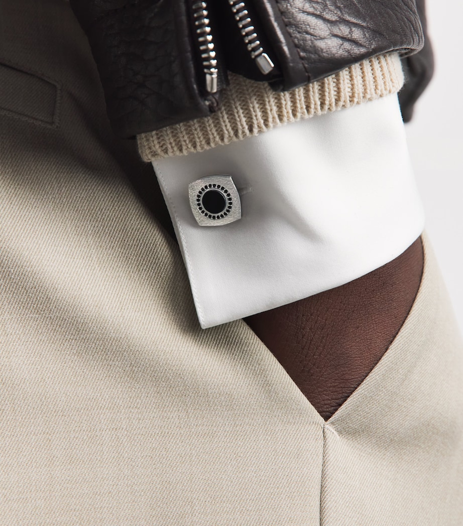 Tateossian Rhodium-Plated Graffiato Rounded Square Cufflinks Black Image 4