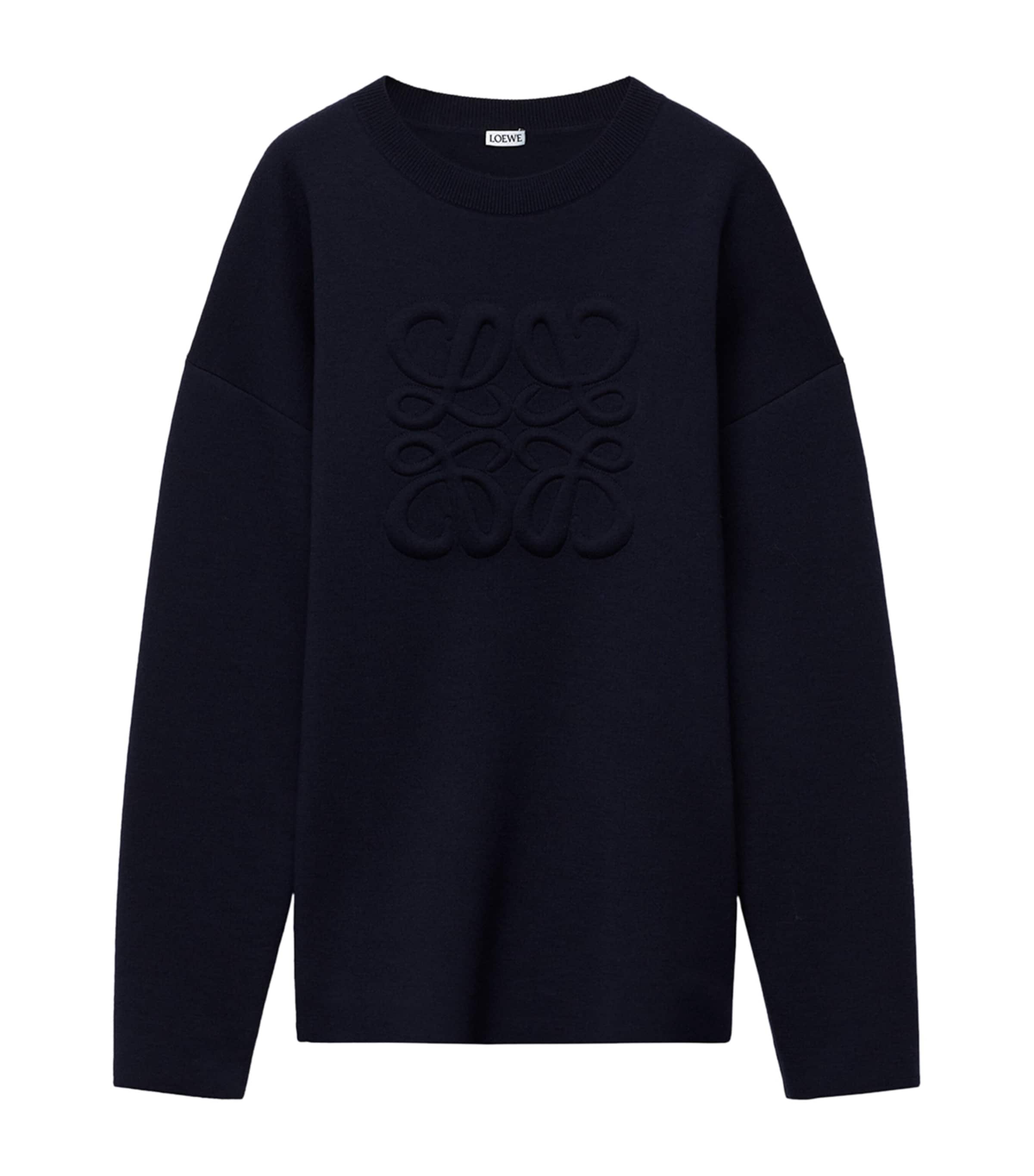 Loewe Relaxed Fit Crewneck Sweater With Embossed Logo In Navy