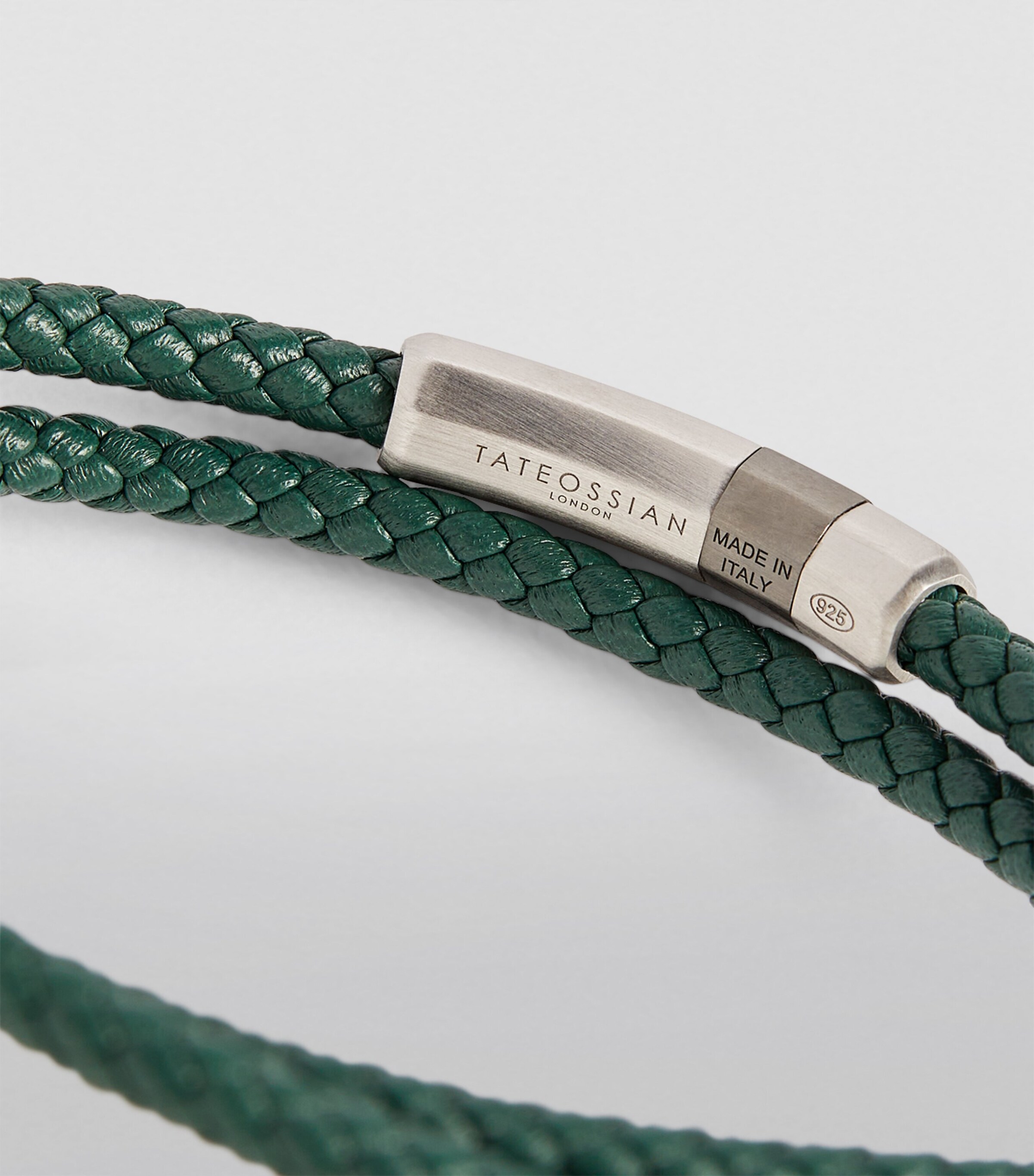Tateossian Leather And Sterling Silver Pelle Bracelet Silver/ Green Image 3