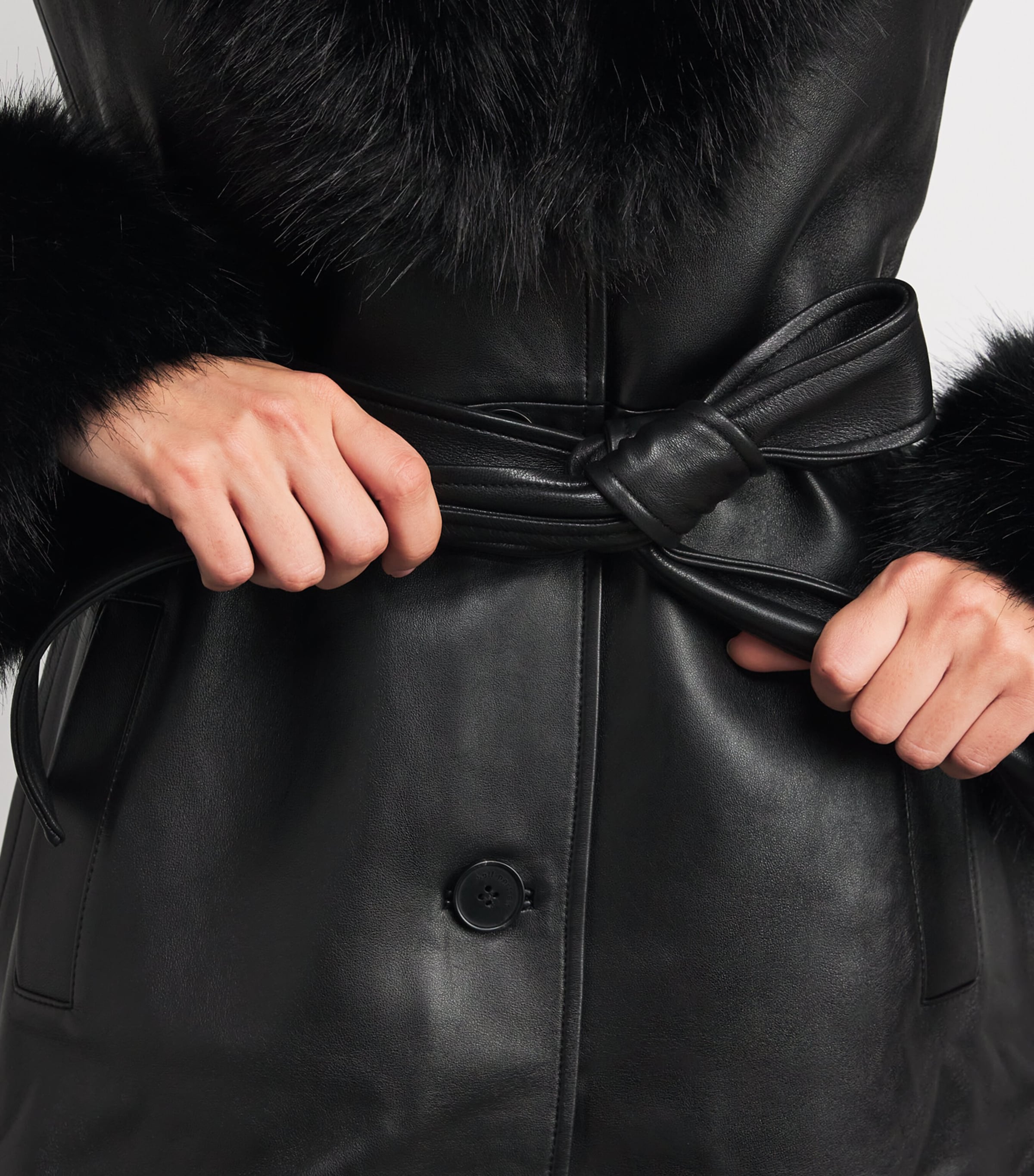 Leather Faux Fur-Trim Coat BLACK Image 6