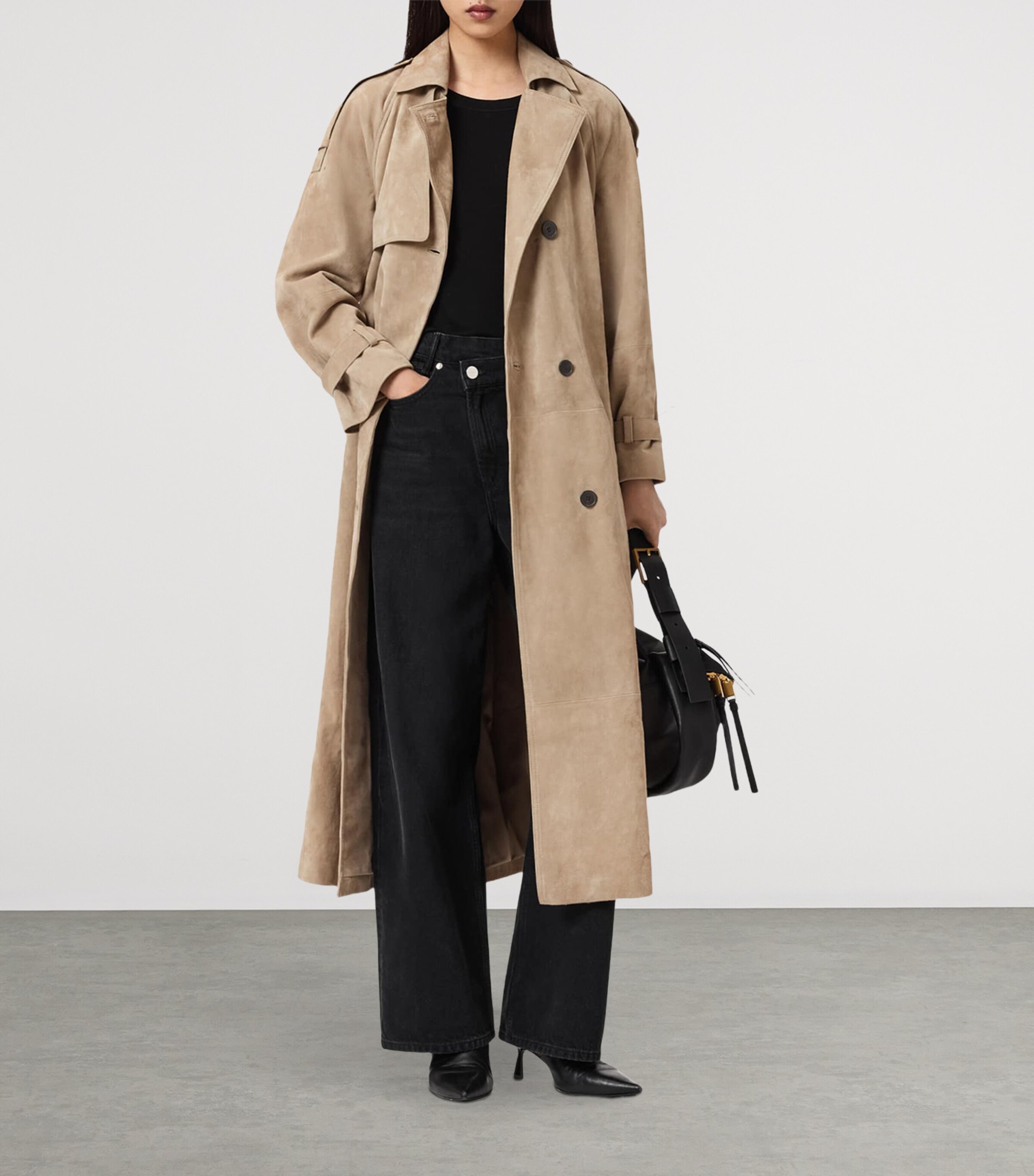 AllSaints Womens Suede Reed Trench Coat Taupe Brown Image 7