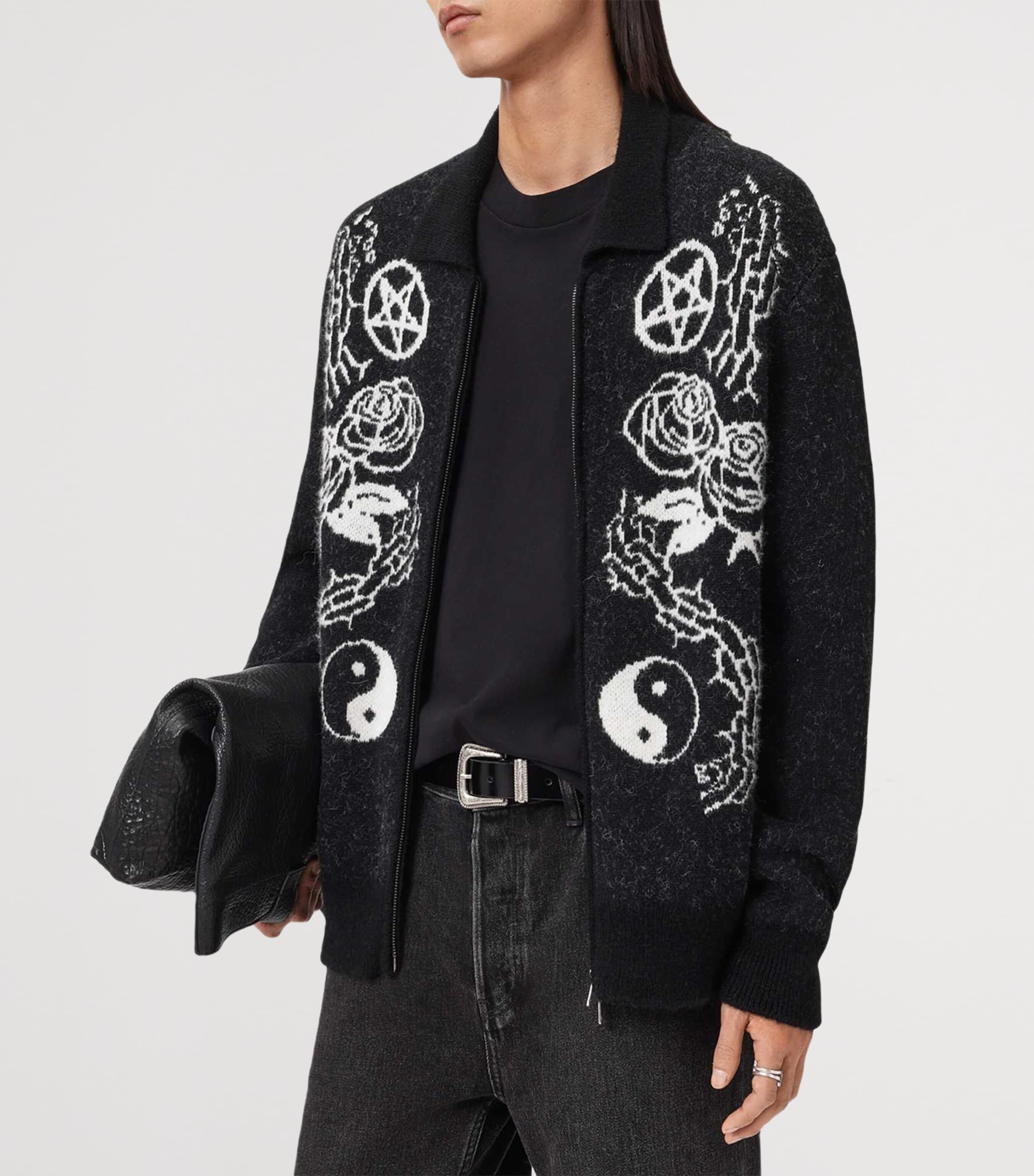 Cotton-Blend Warner Cardigan CINDER BLACK/WHITE Image 6