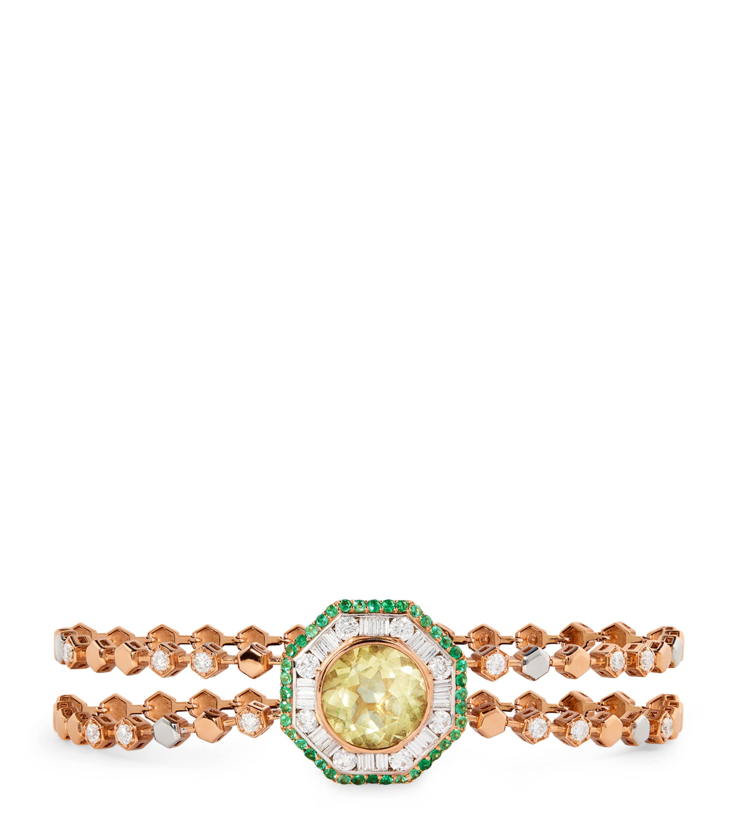 Bee Goddess Yellow Gold, Diamond, Peridot And Emerald Honeycomb Bracelet In Gold