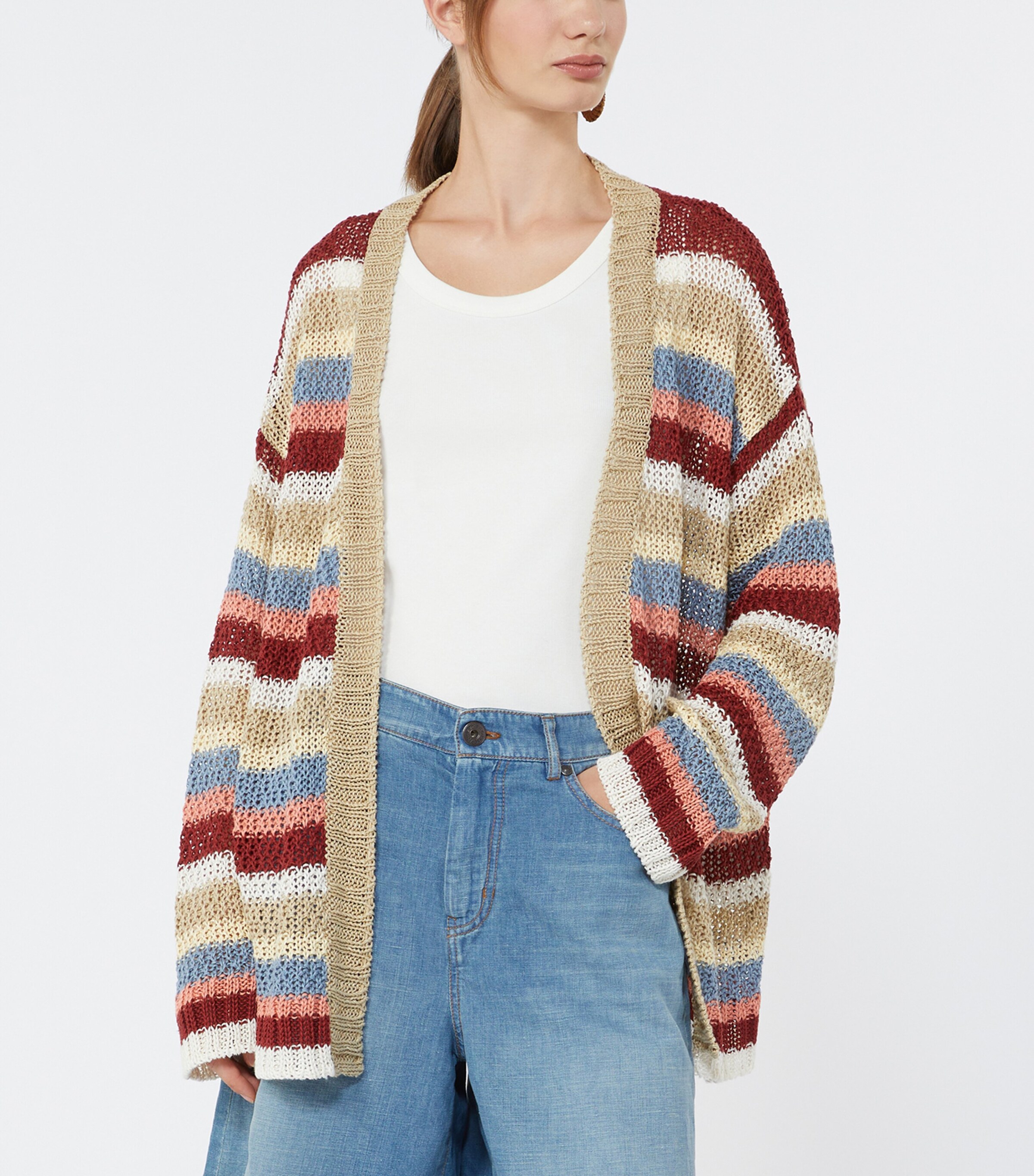 Weekend Max Mara Womens Linen Open-Knit Stripe Cardigan Cherry Image 5