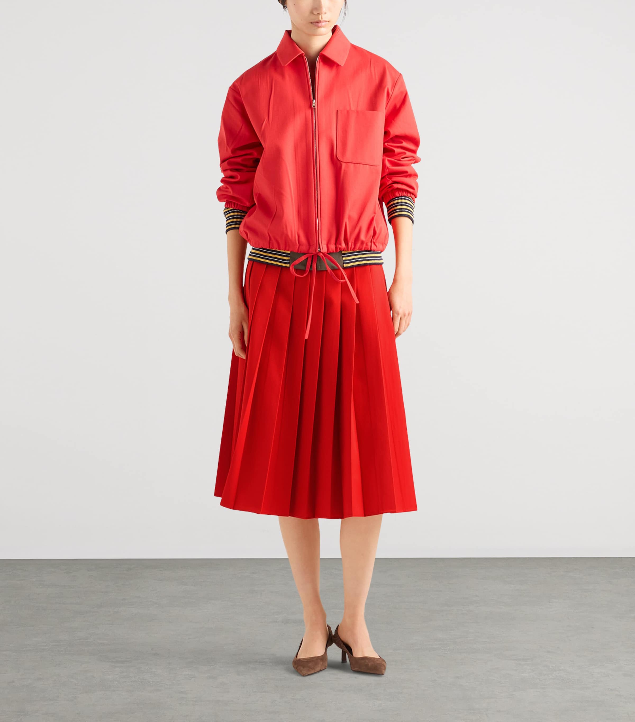 Prada Womens Gabardine Pleated Midi Skirt Red Image 2
