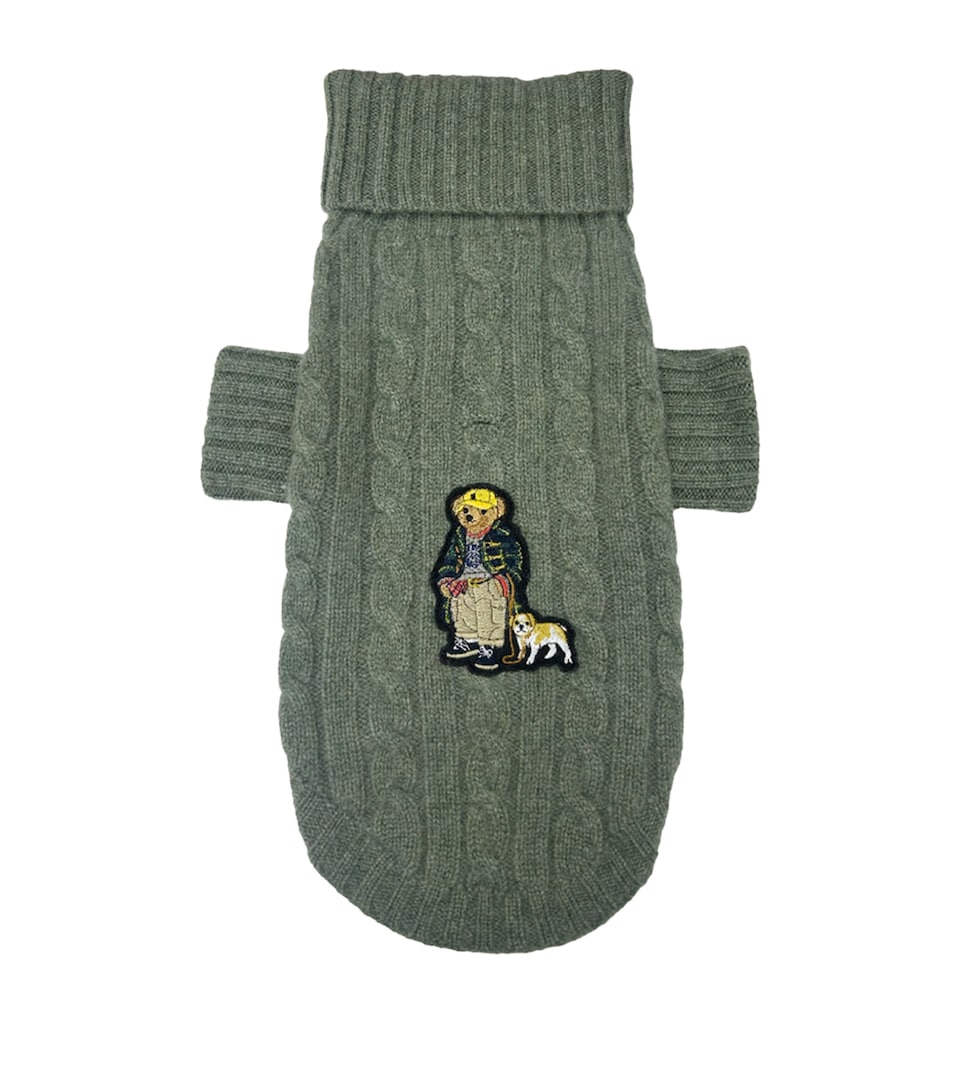 Ralph Lauren Cashmere-Blend Cable Knit Polo Bear Dog Sweater (Extra Small) Olive