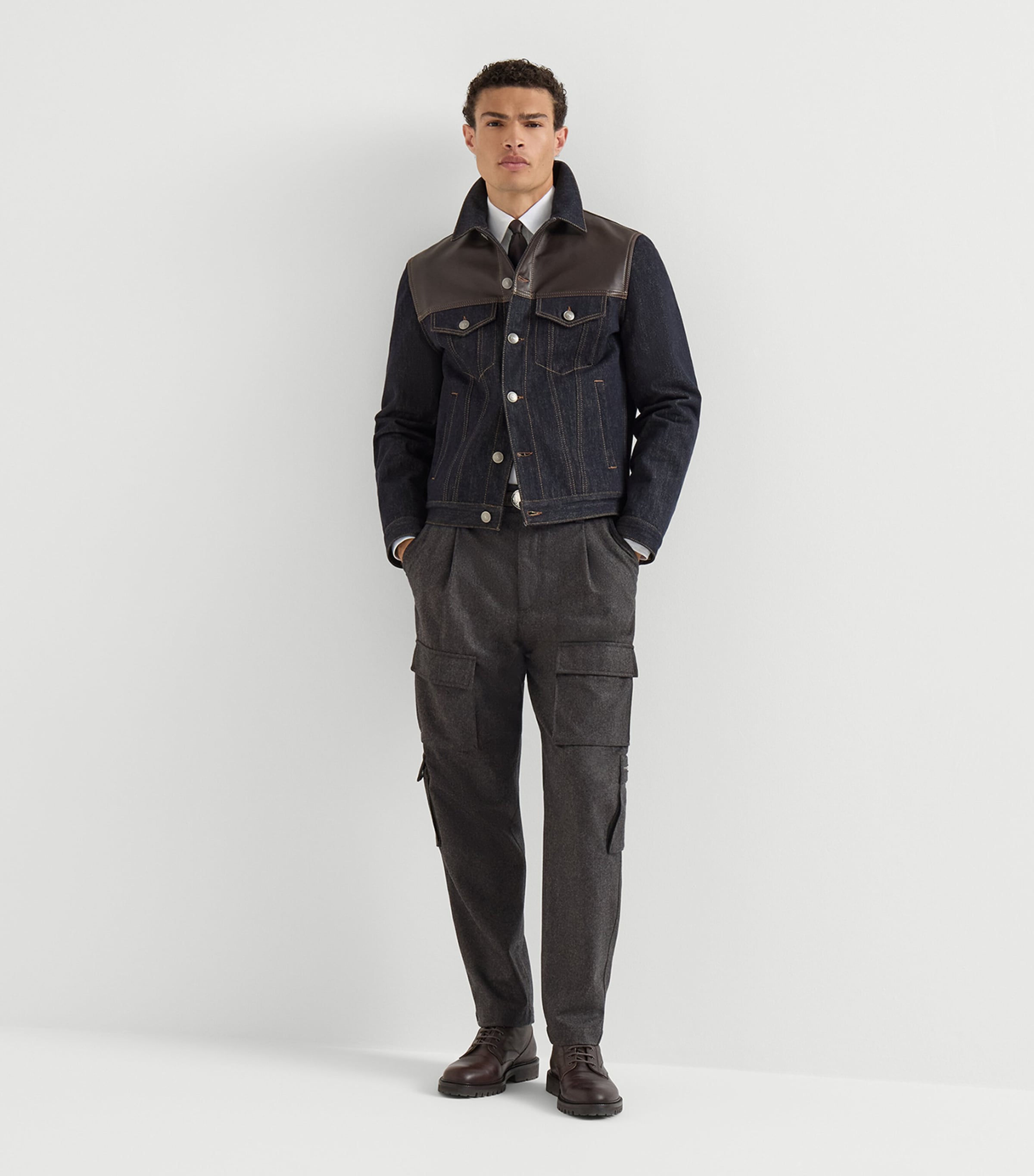 Brunello Cucinelli Mens Leather-Trim Denim Jacket Blue Image 3