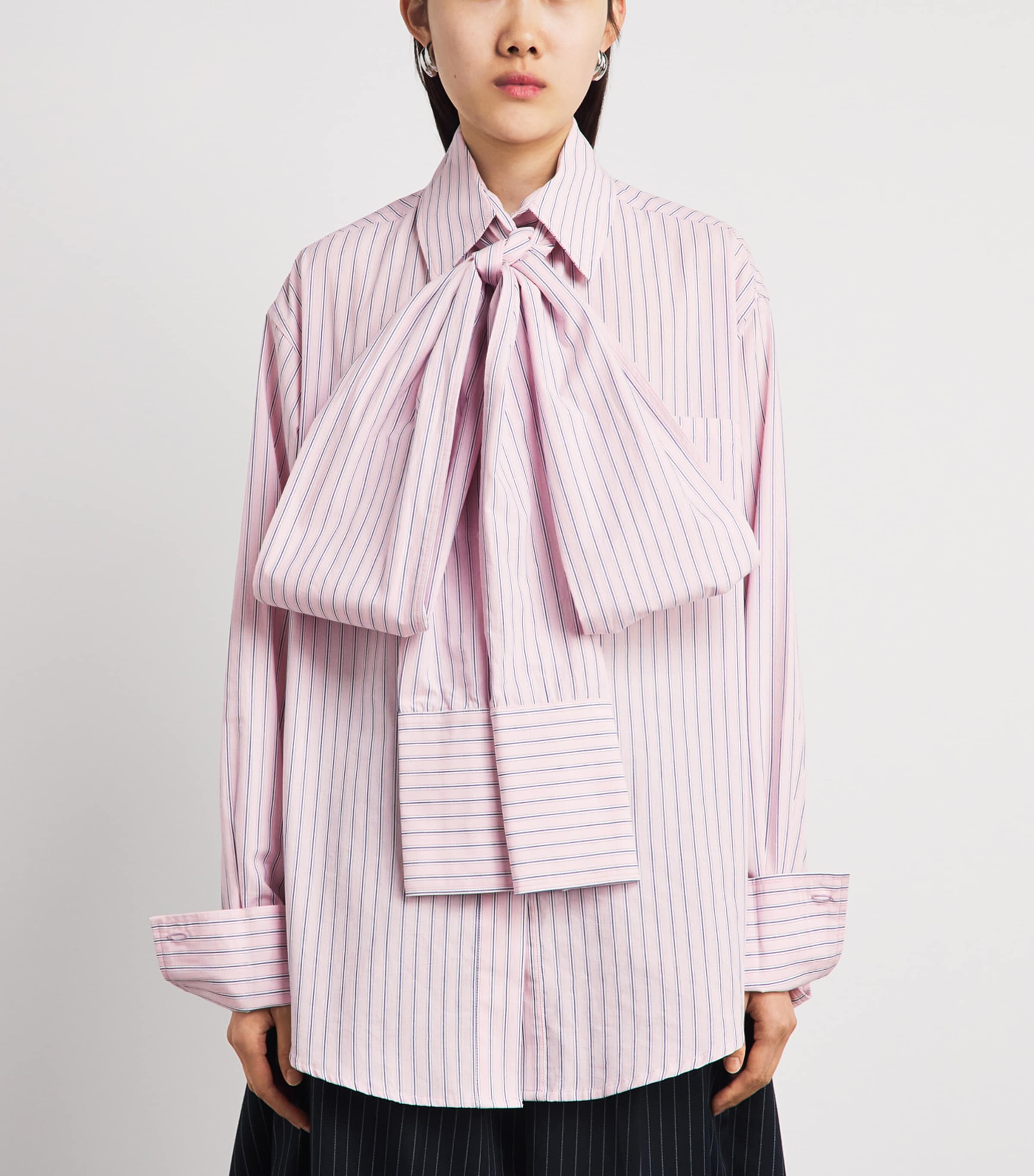 LATE FOR WORK Womens Cotton-Blend Striped Pussybow Shirt Brd Wht Str Image 4