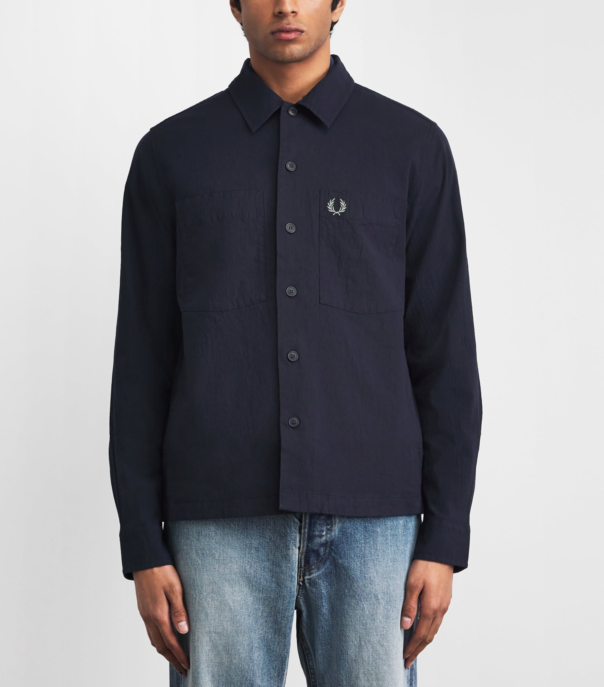 Fred Perry Mens Seersucker Double-Pocket Overshirt Navy Image 4