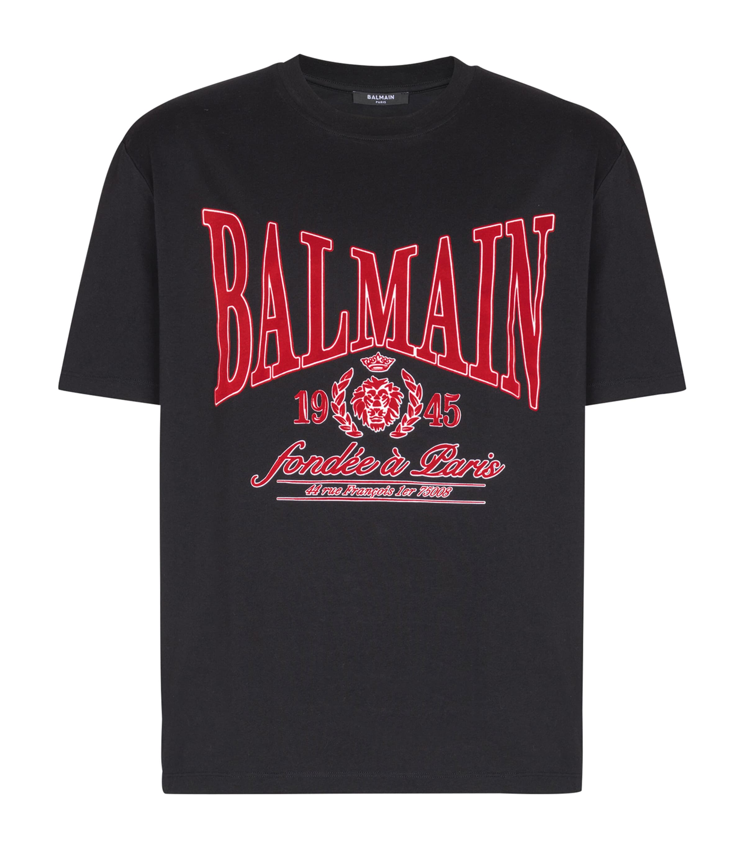 Balmain Mens Cotton Flocked College Print T-Shirt Egc Noir/rouge Image 1
