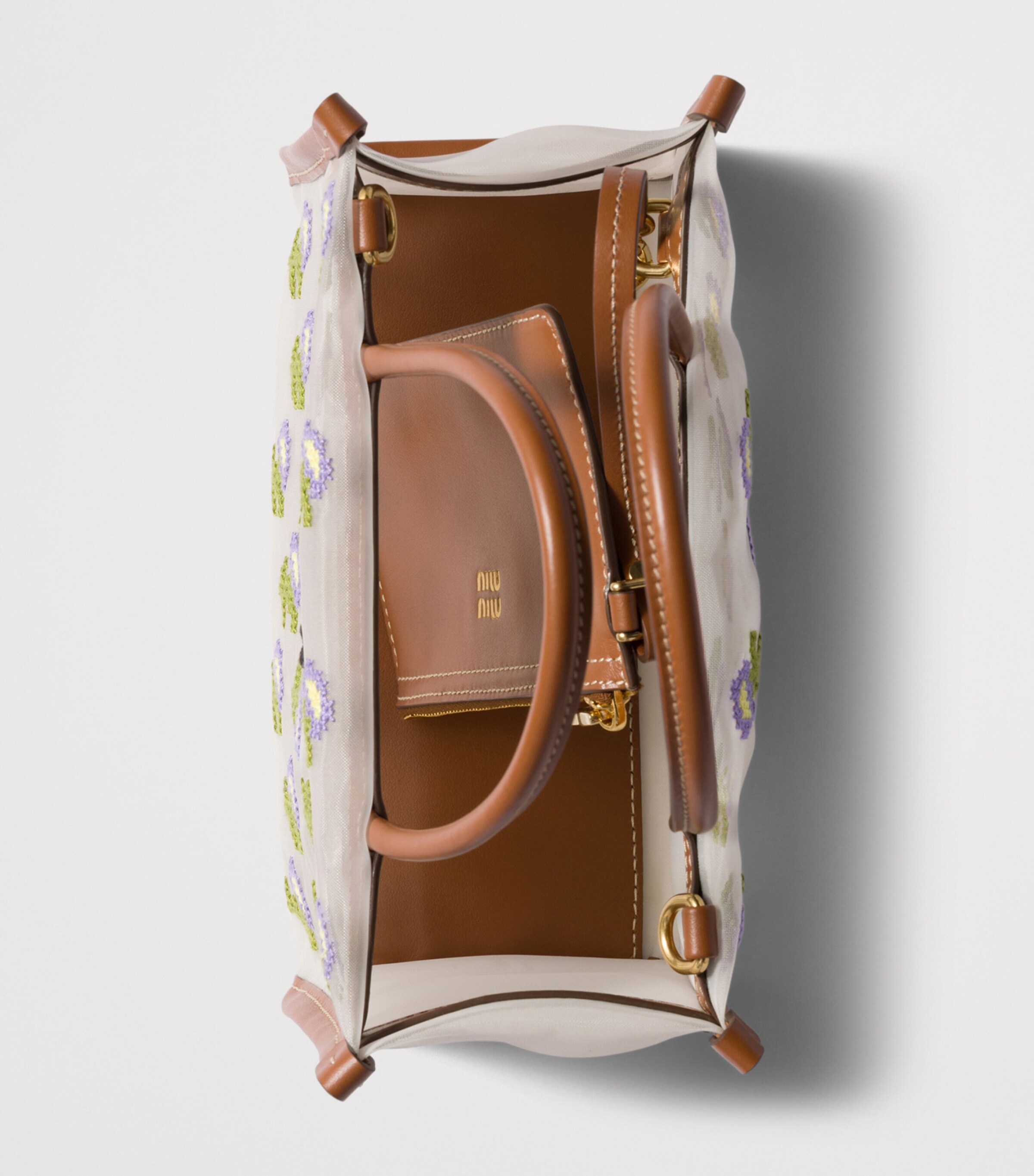 Miu Miu Embroidered Mesh Top-Handle Bag Brown Image 4