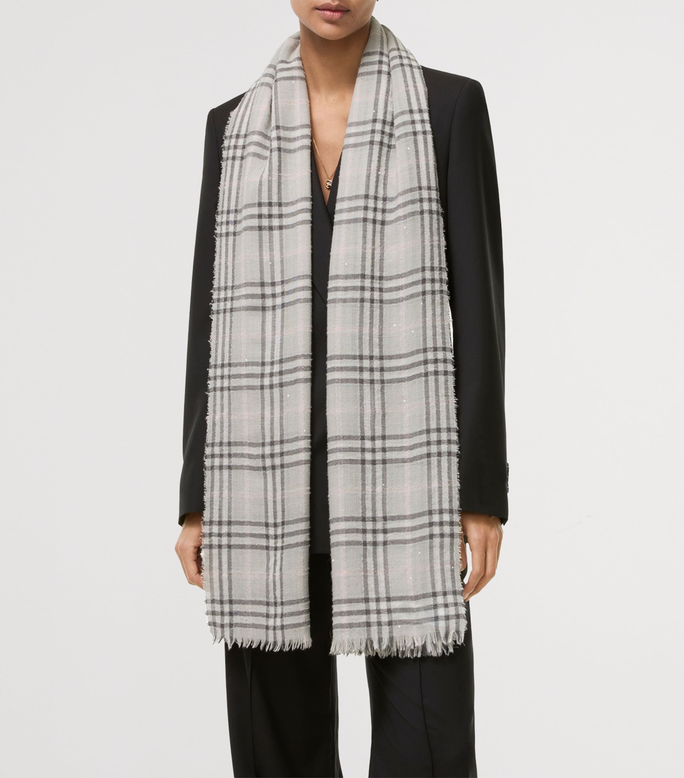 Burberry Wool-Silk Sequin Check Scarf Mitten Grey Image 4