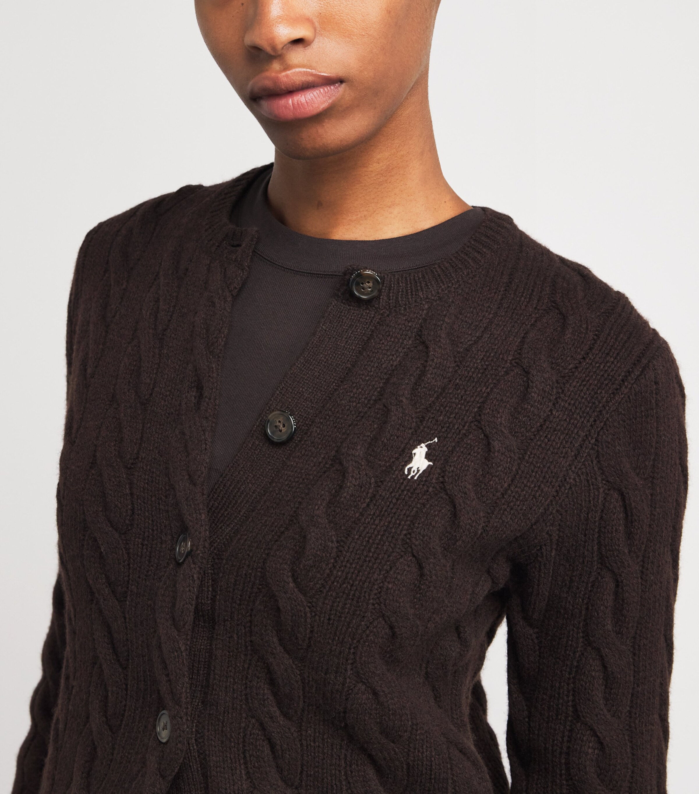 Polo Ralph Lauren Womens Wool-Cashmere Cable-Knit Cardigan Walnut Brown Melange Image 6