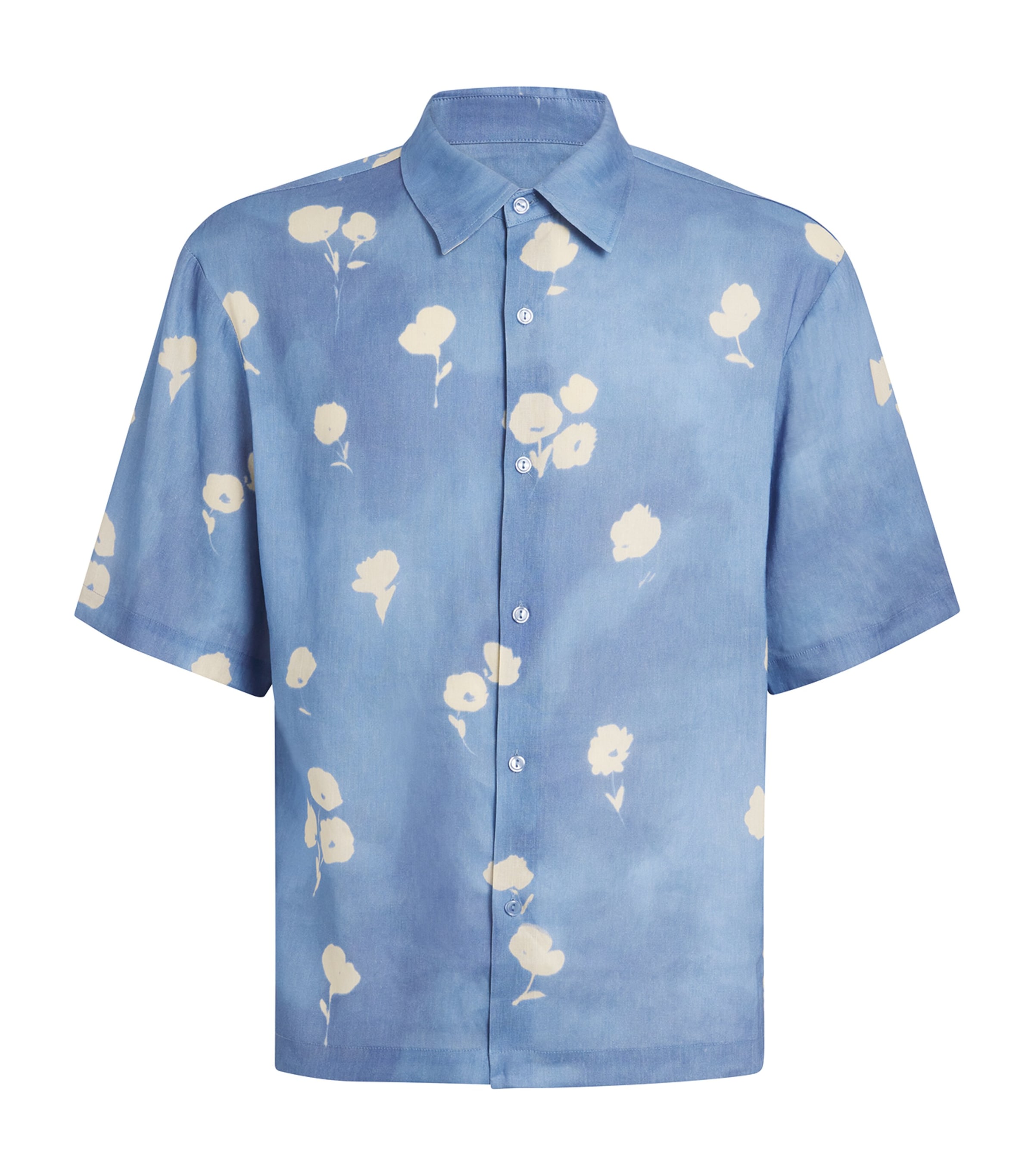 Sandro Mens Blue Office Floral-print Regular-fit Stretch Linen-blend Shirt In Blue