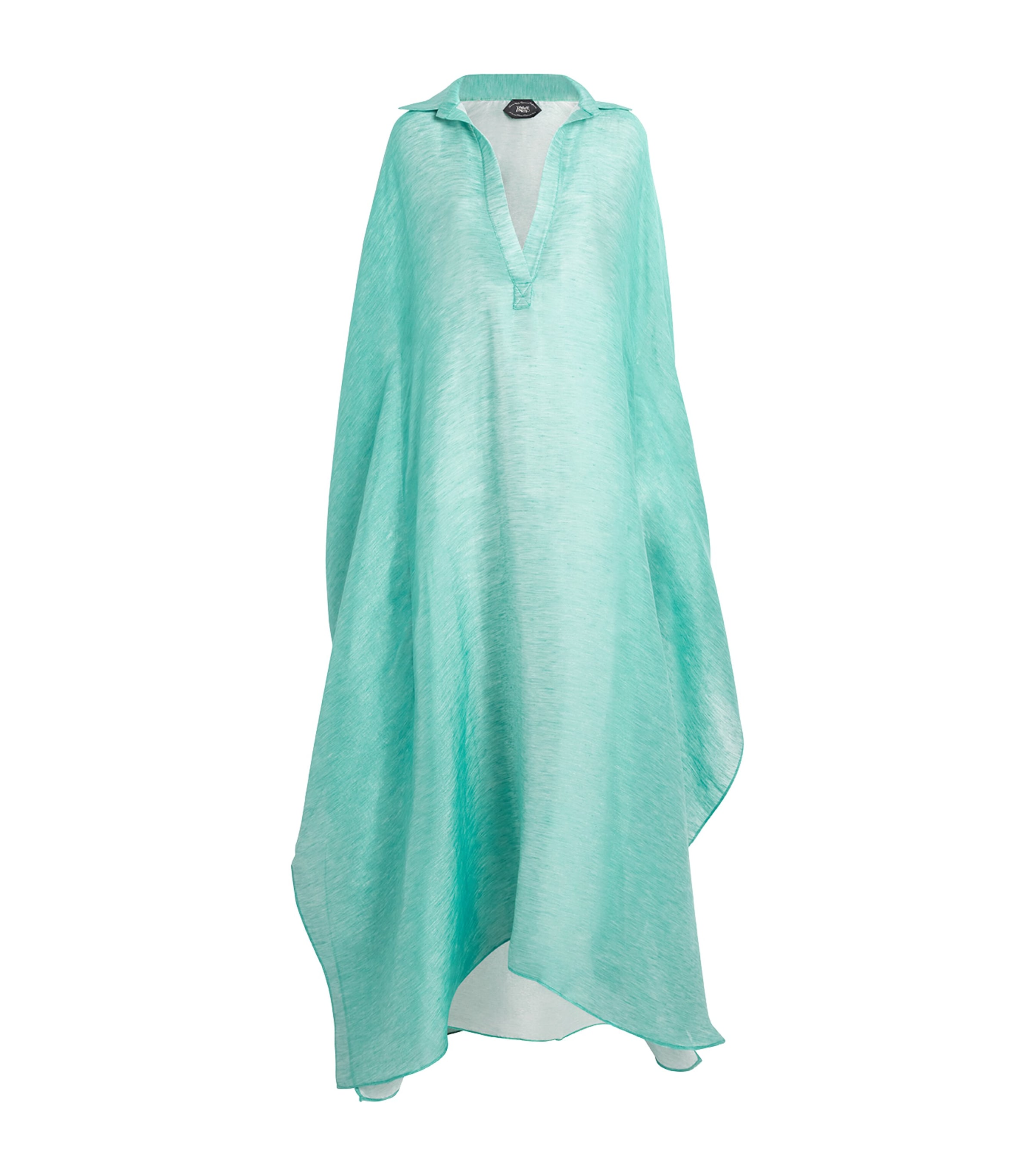 Taller Marmo Caicos Light Blue Kaftan With Front Neckline And Asymmetric Hem In Linen And Viscose Blend Woman In Blue
