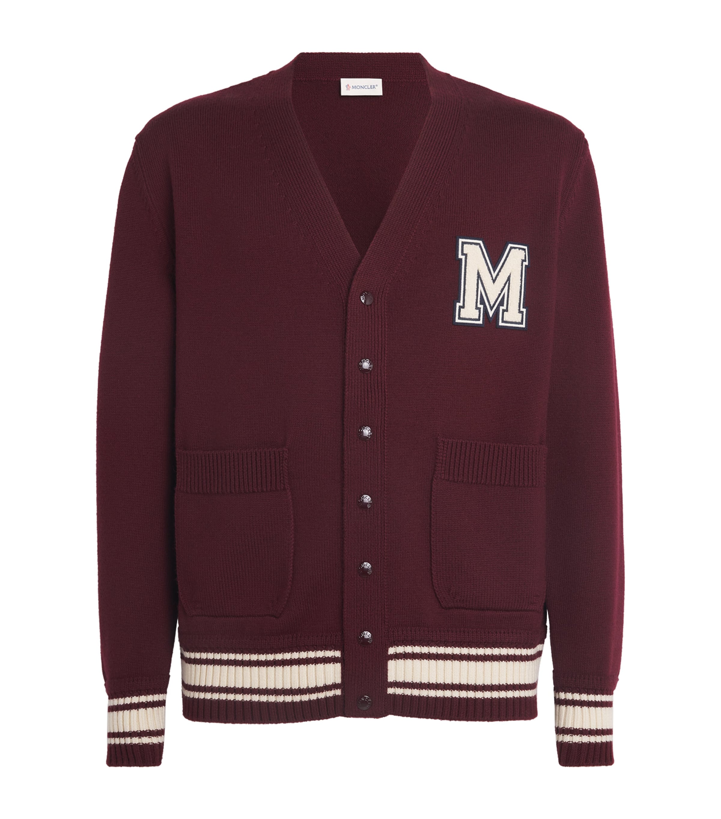 Moncler Virgin Wool Monogram Cardigan In Burgundy