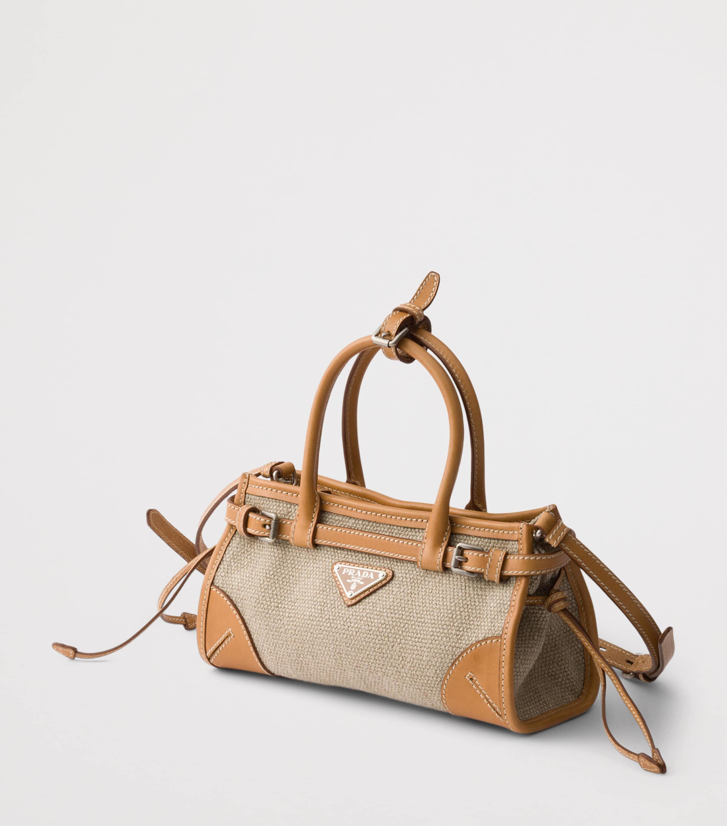 Prada Small Linen-Leather Bonnie Top-Handle Bag Neutral Image 3