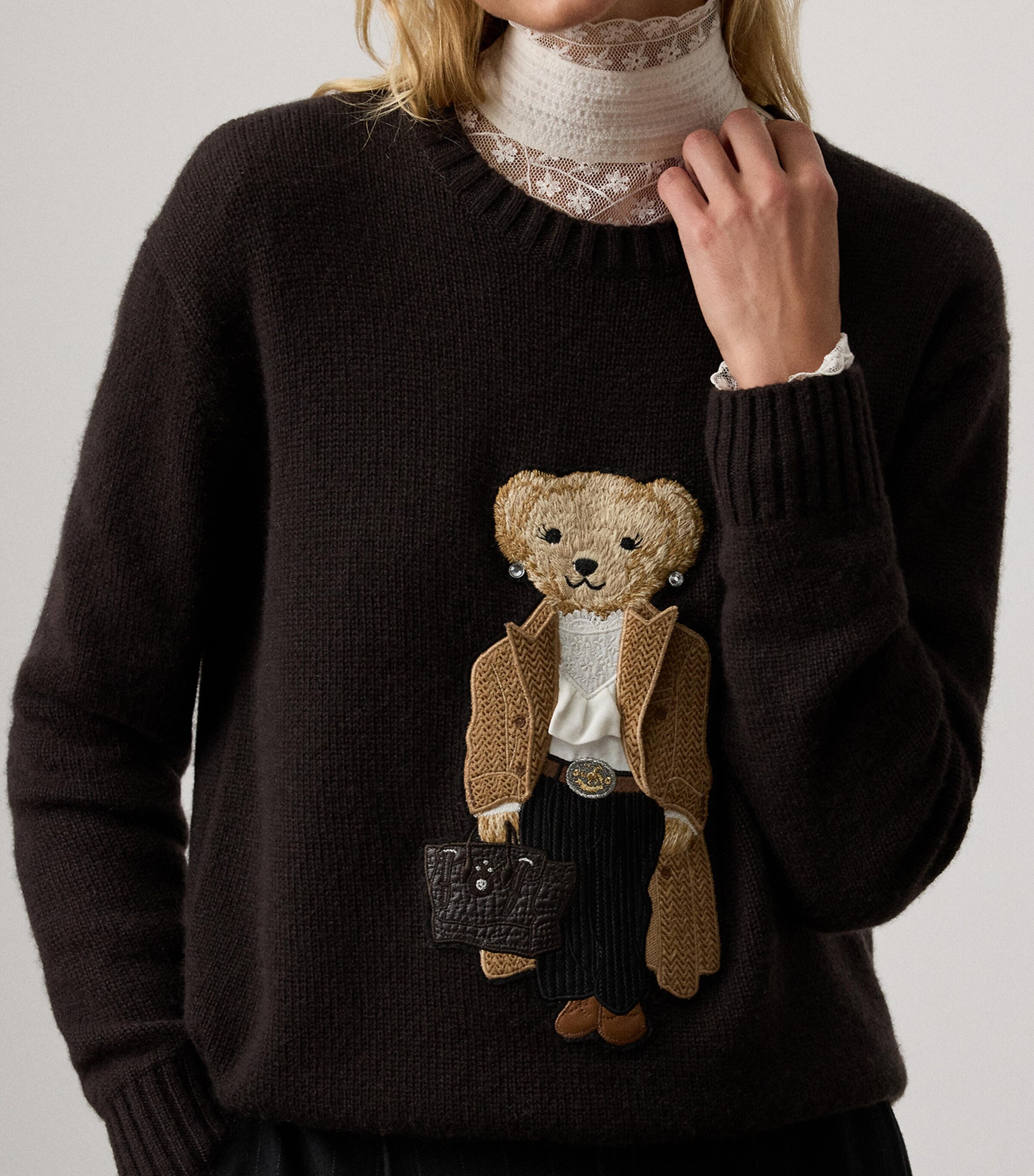 Cashmere Fall Polo Bear Sweater DARK BROWN Image 4