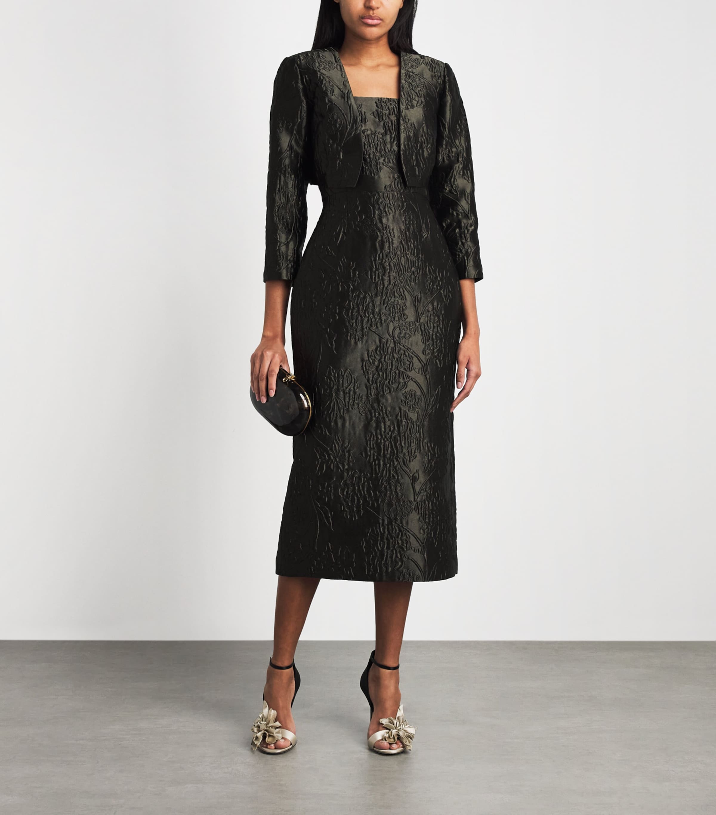 Carolina Herrera Womens Cloqué Floral Column Midi Dress Forest Green Image 2