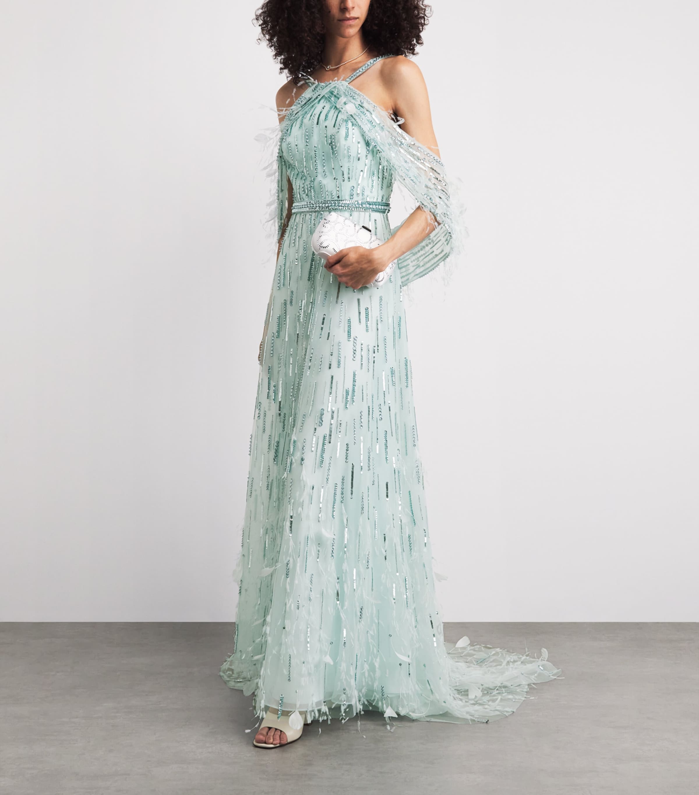 Pamella Roland Womens Feather-Trim Embellished Gown Aqua Image 2