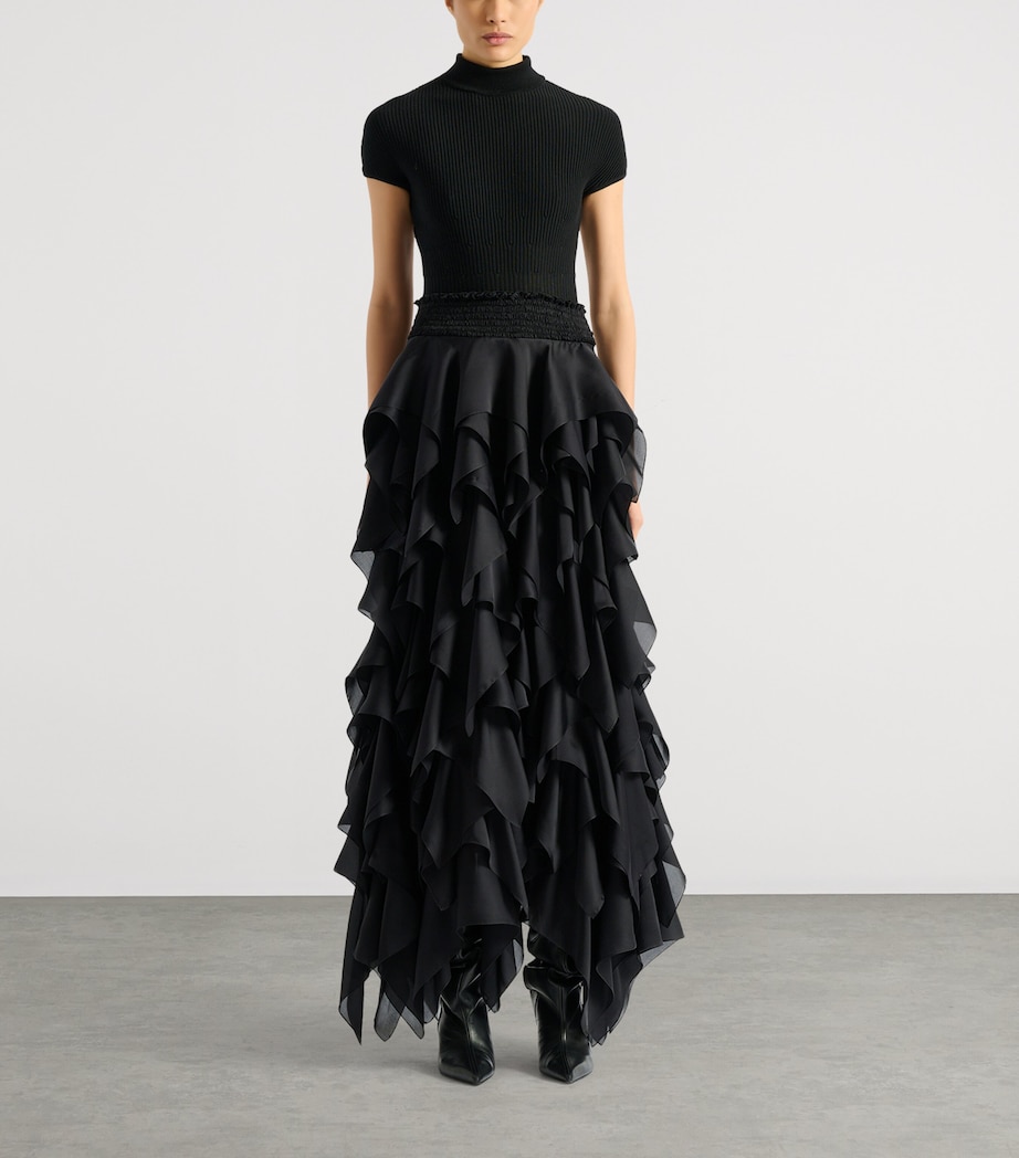 Balmain Womens Silk Ruffled Maxi Skirt Noir Image 2