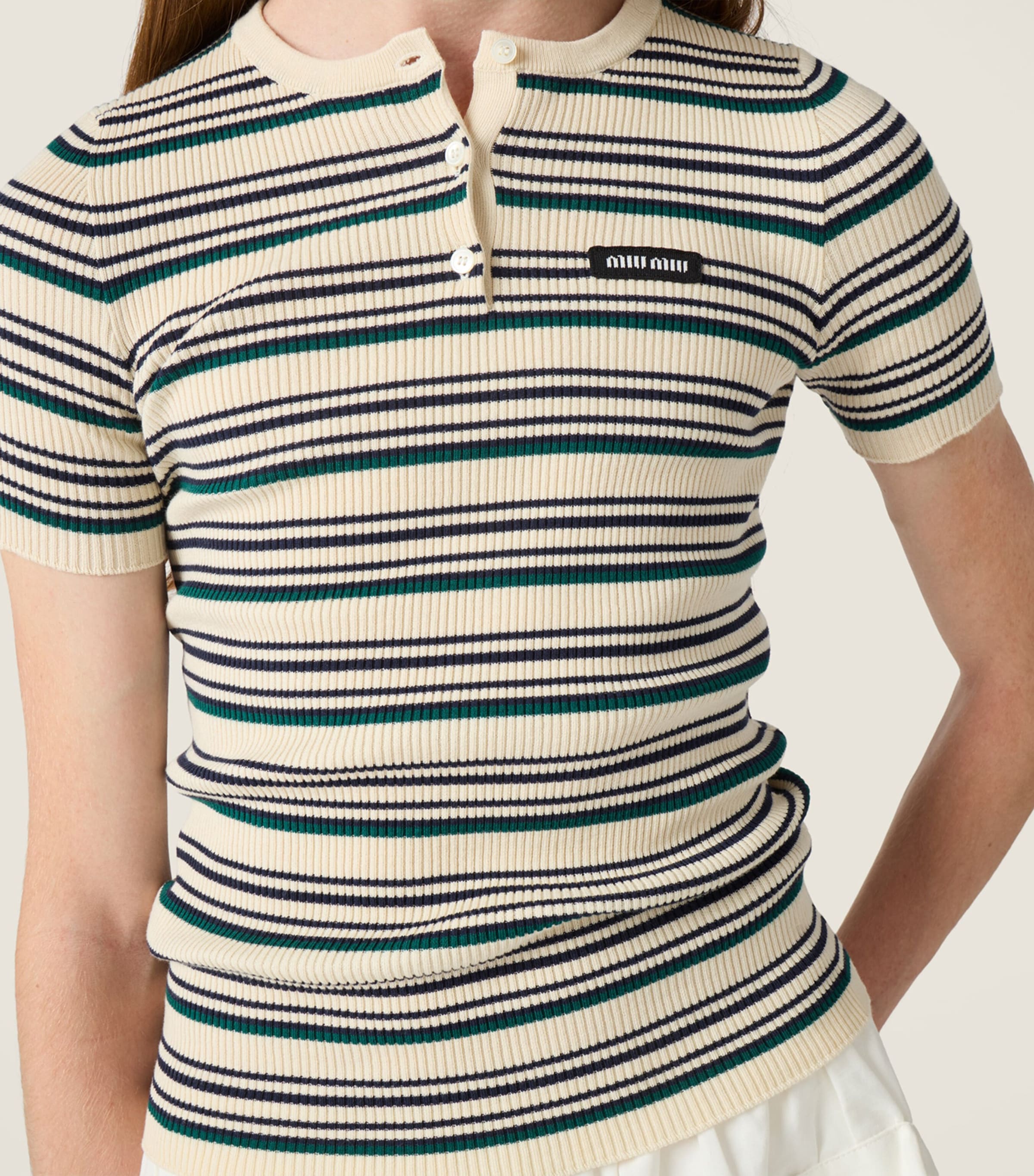 Miu Miu Womens Cotton Stripe Henley Top Neutral Image 5