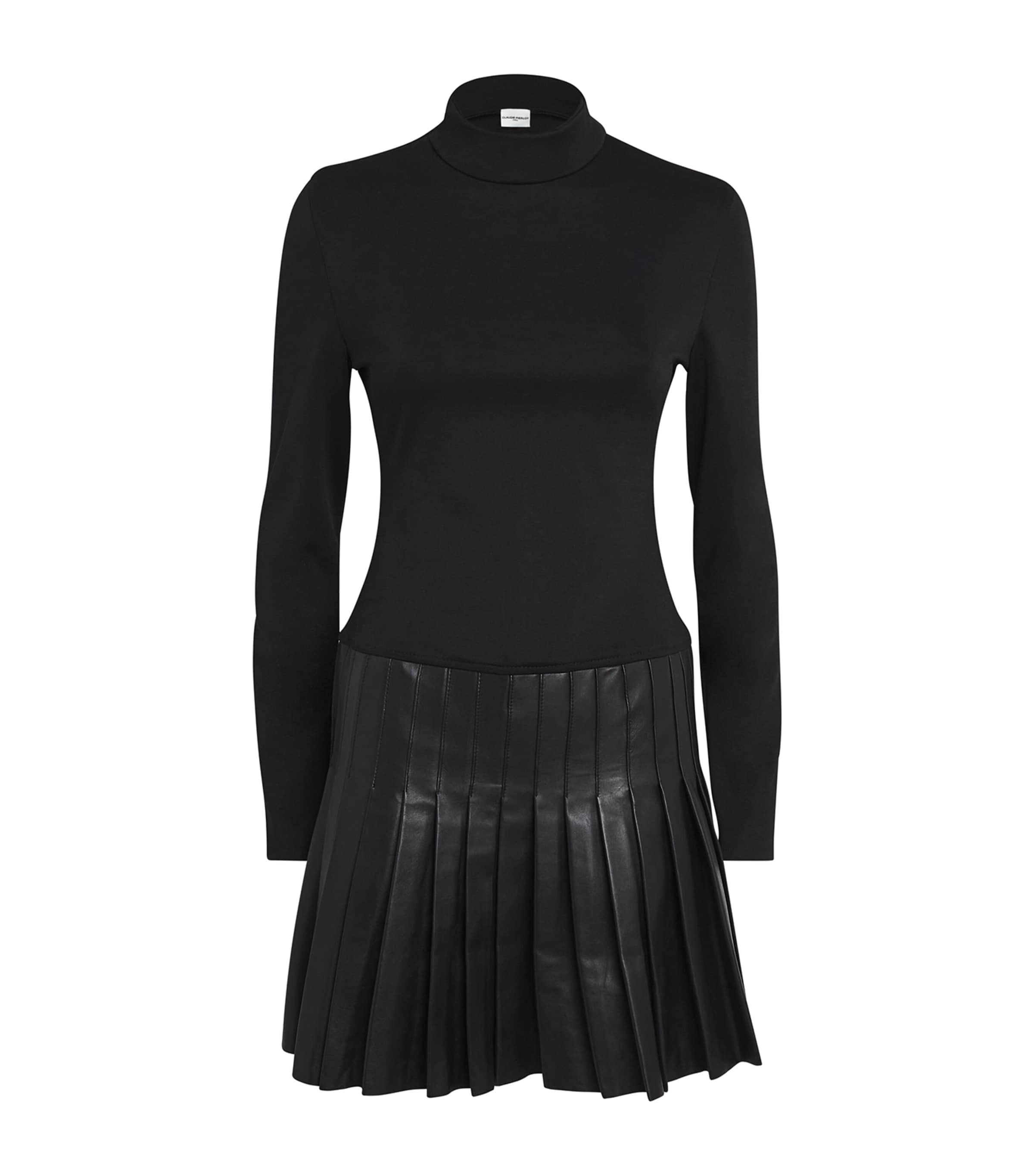 Shop Claudie Pierlot Leather-trim Pleated Mini Dress In Black