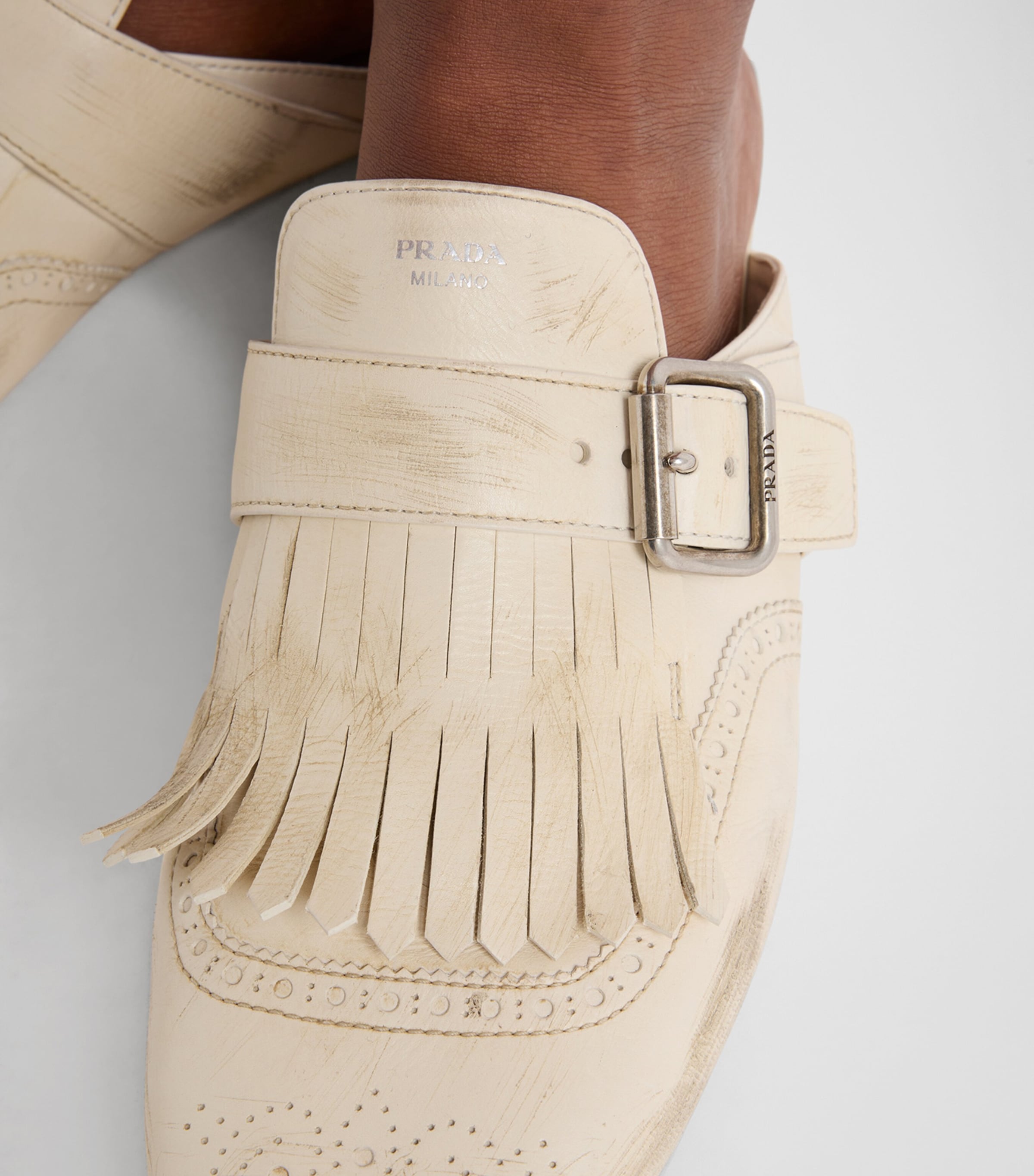 Prada Leather Fringed Shuffle Mules Image 2