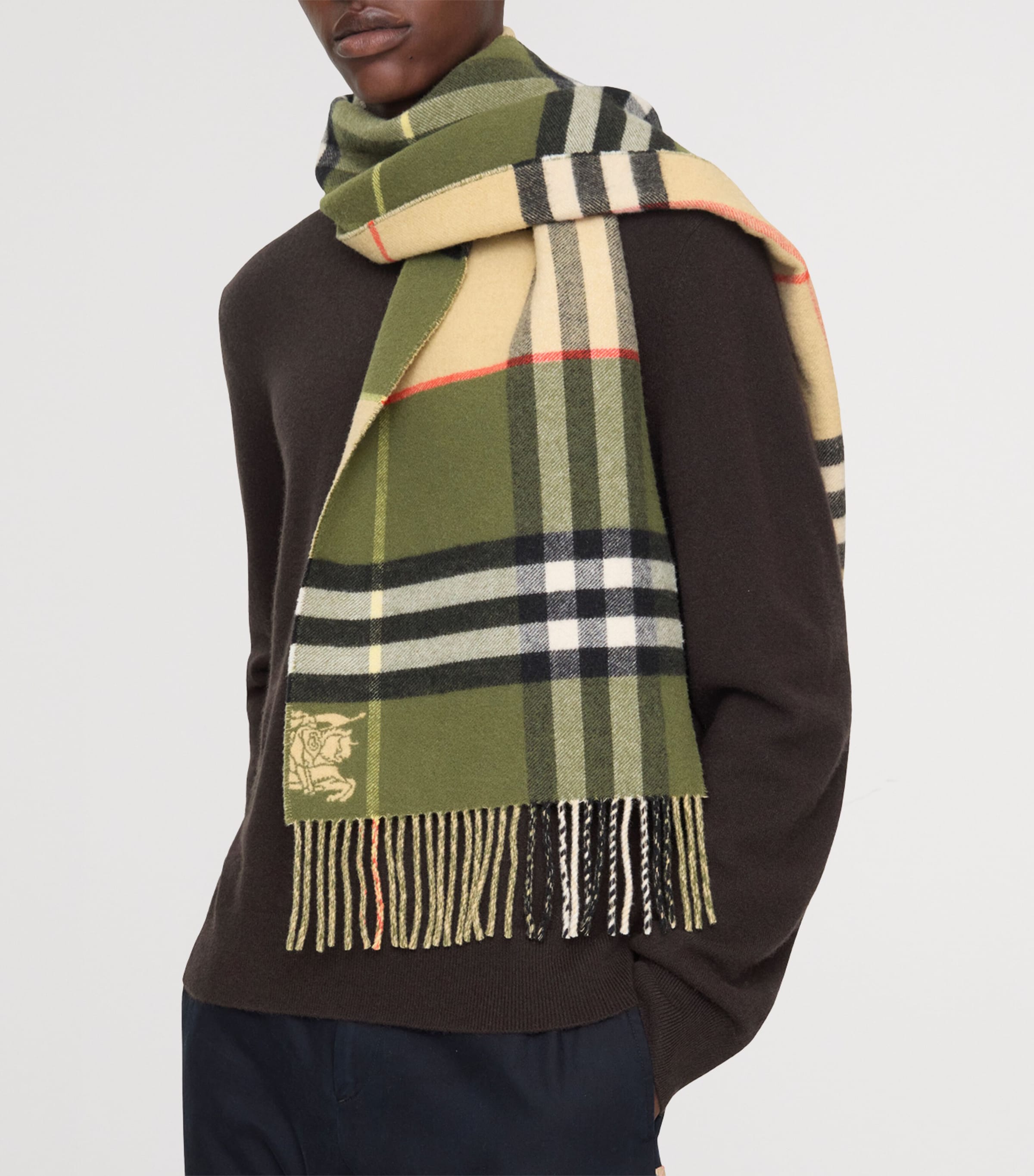 Cashmere Contrast Check Scarf PEA GREEN/SAND Image 3