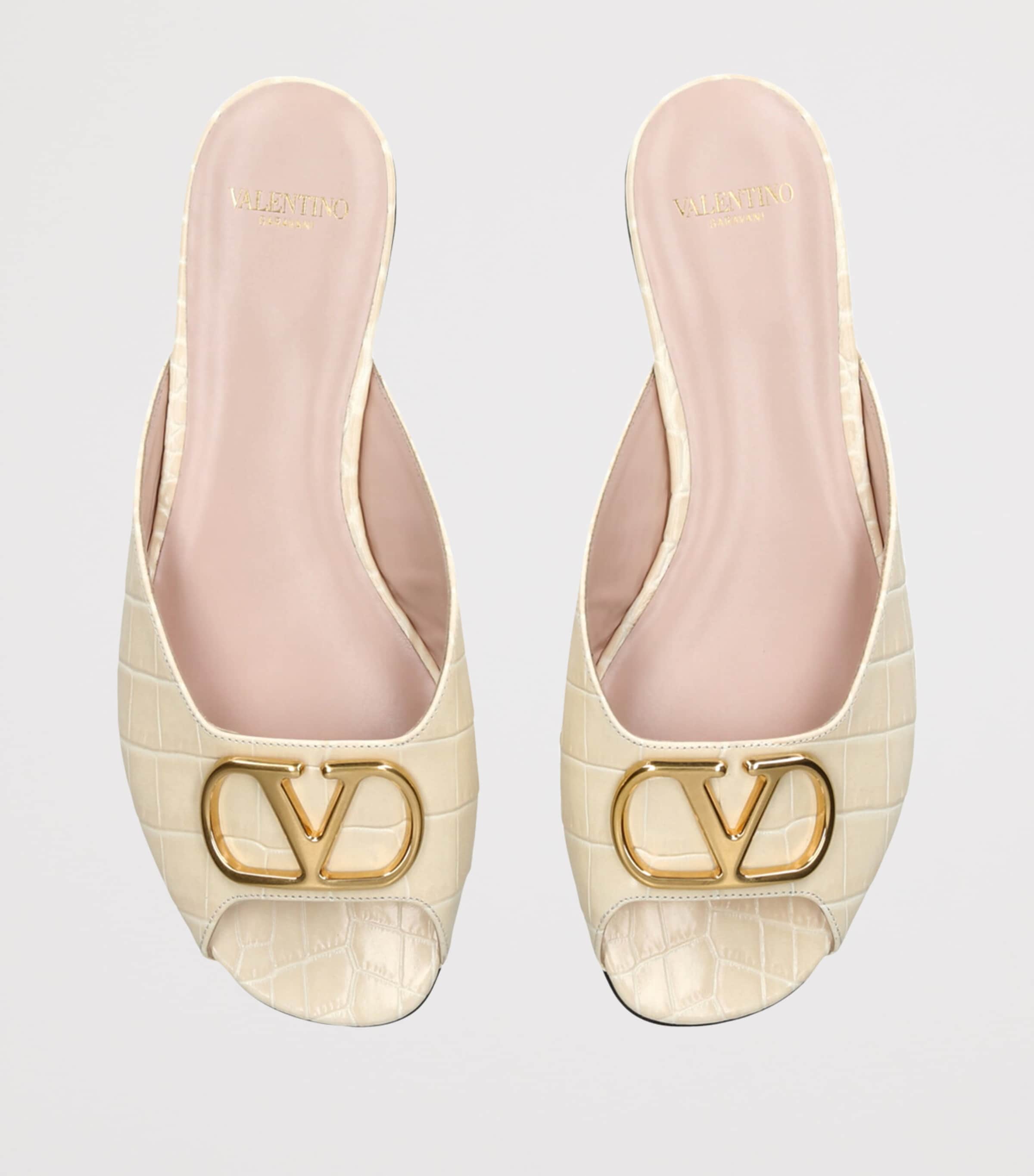 Valentino Garavani Croc-Embossed Leather VLOGO Slides Cream Image 4