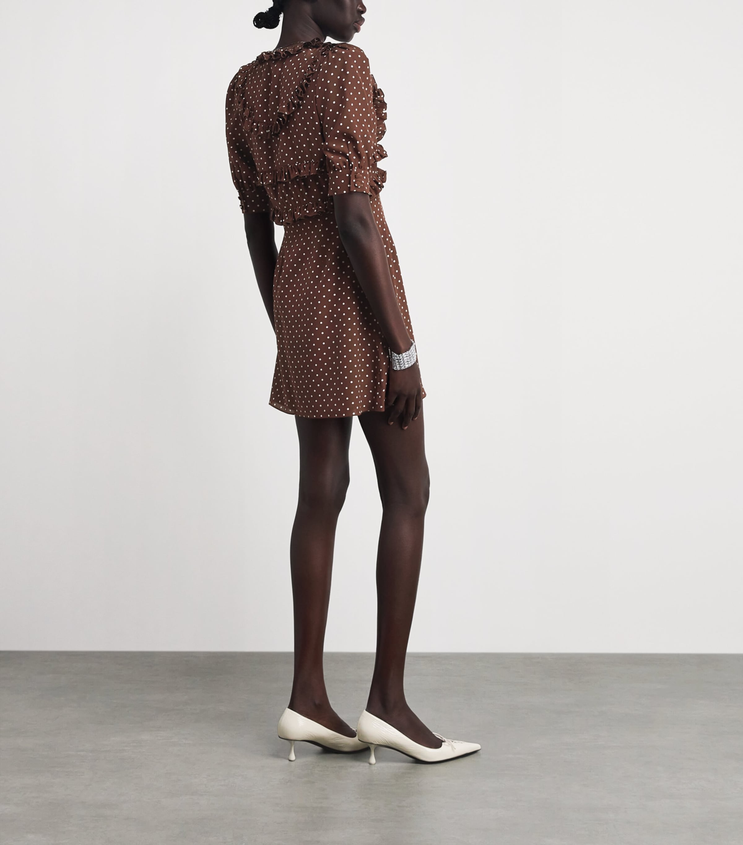 Alessandra Rich Womens Silk Crepe De Chine Ruffled Mini Dress Brown White Image 4