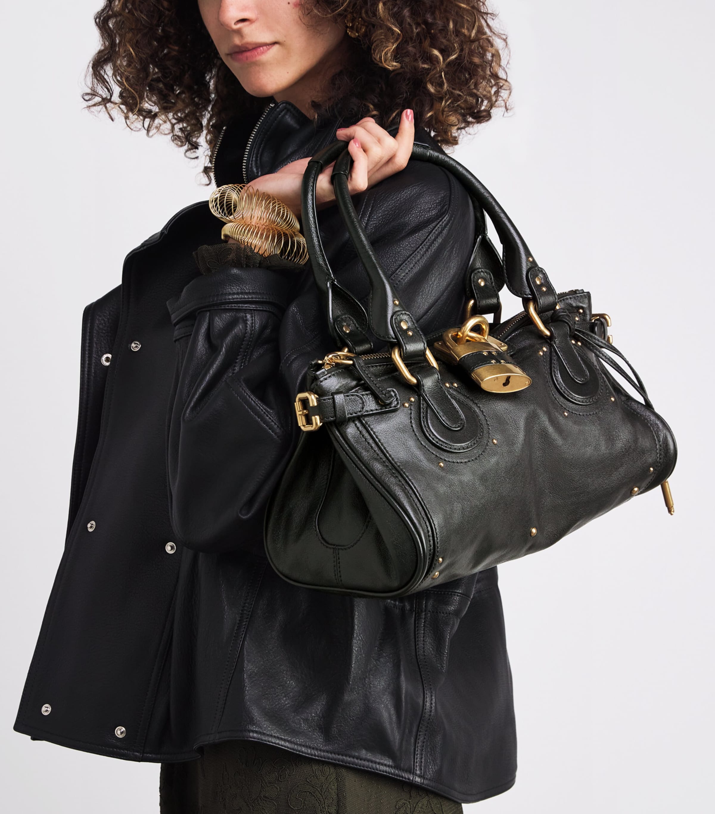 Chloé Structured Shoulder Bag With Padlock And Studs In Black