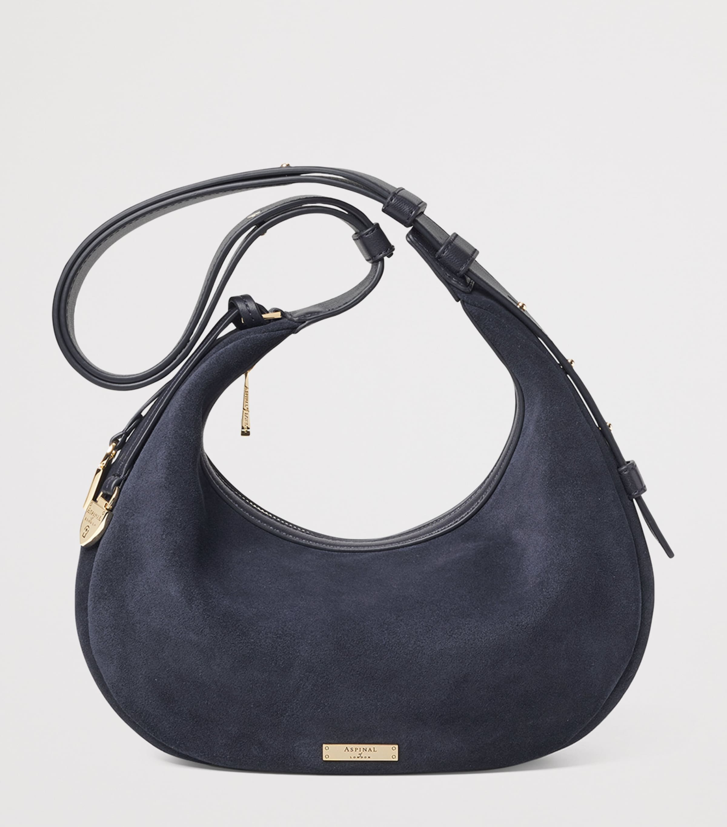 Aspinal Of London Navy Small Suede Hudson Crescent Shoulder Bag