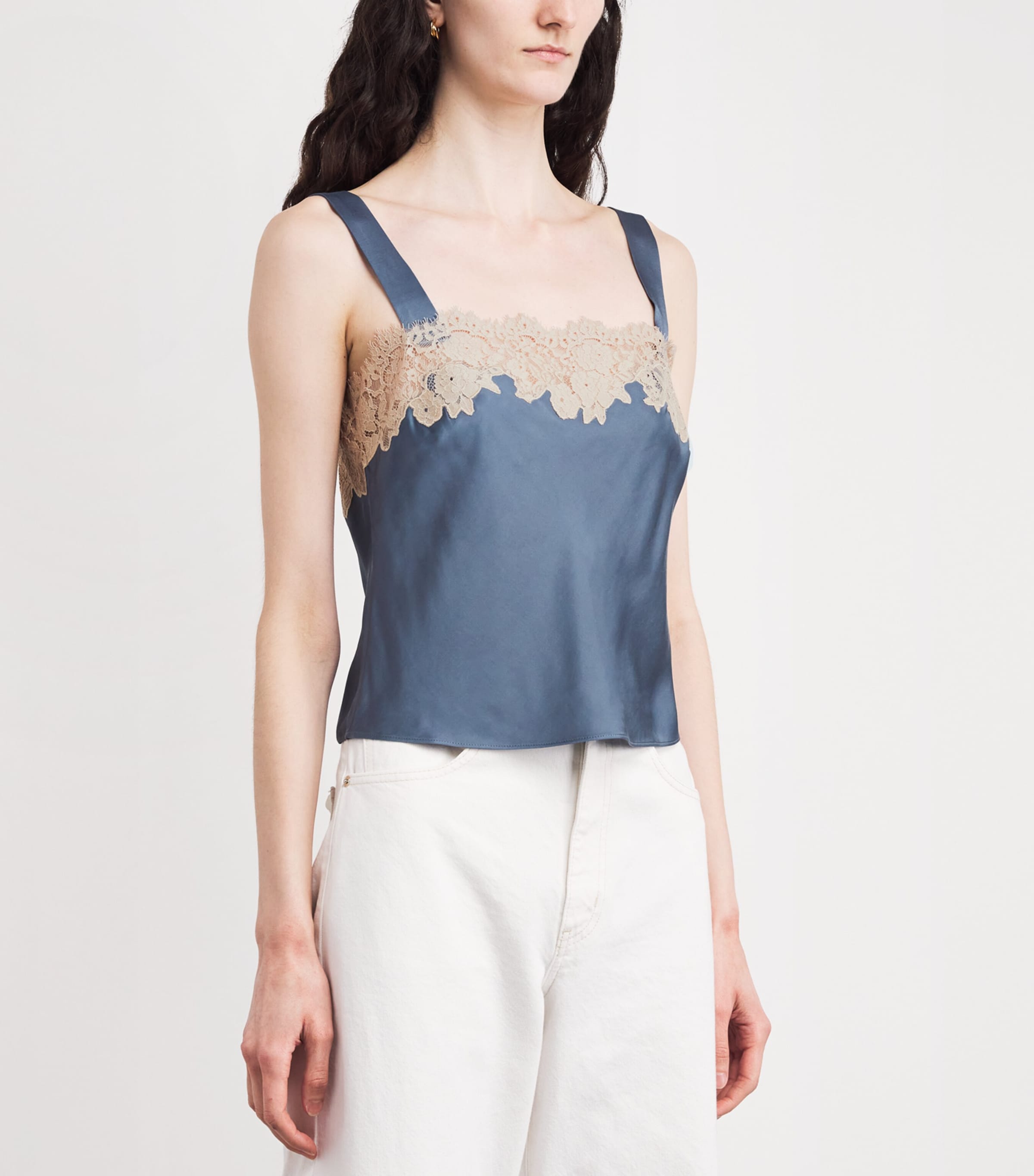 Satin Lace-Trim Vyonne Blouse STONE BLUE Image 3