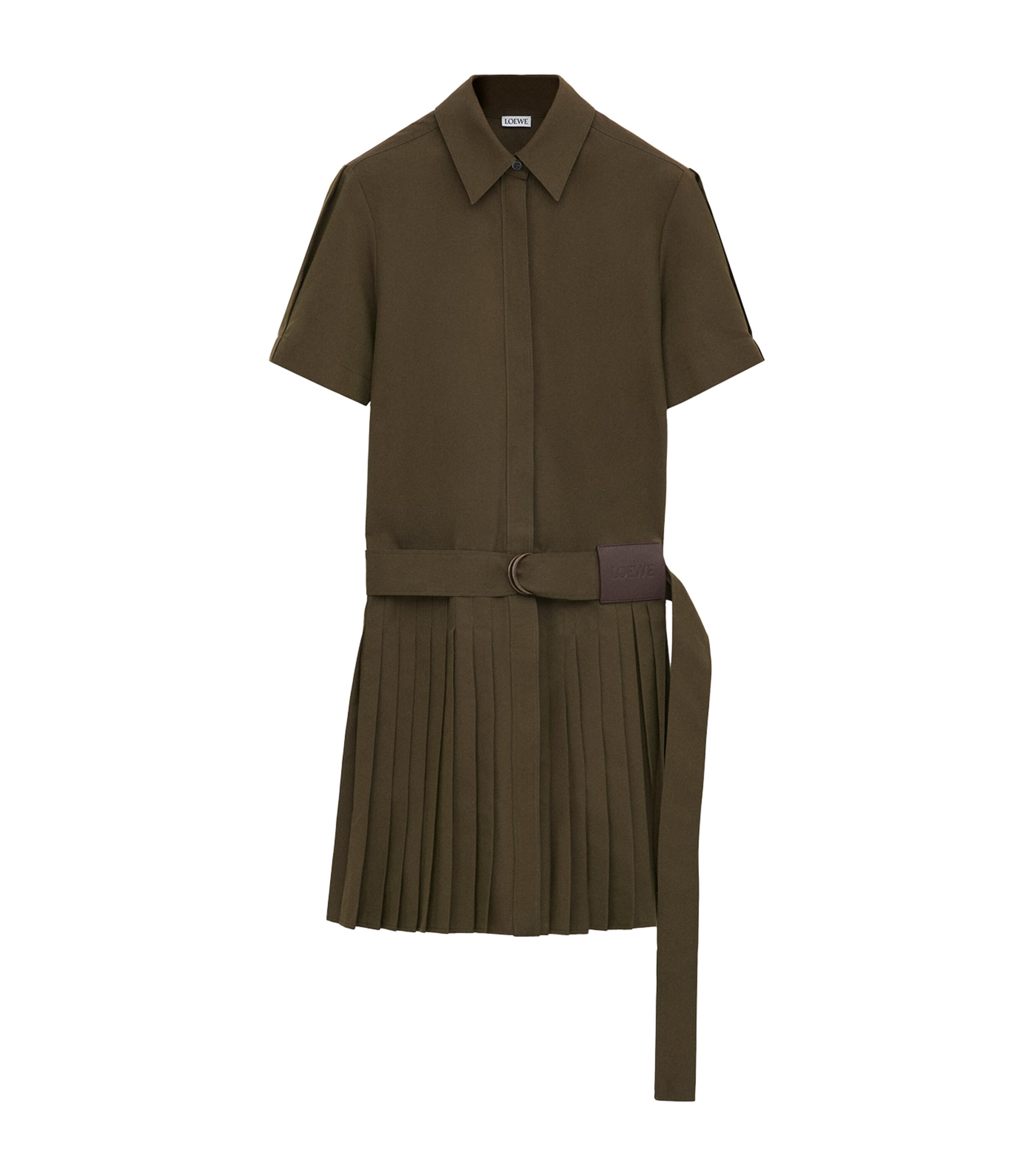 LOEWE Womens Belted Pleated Mini Dress Khaki Green Image 1